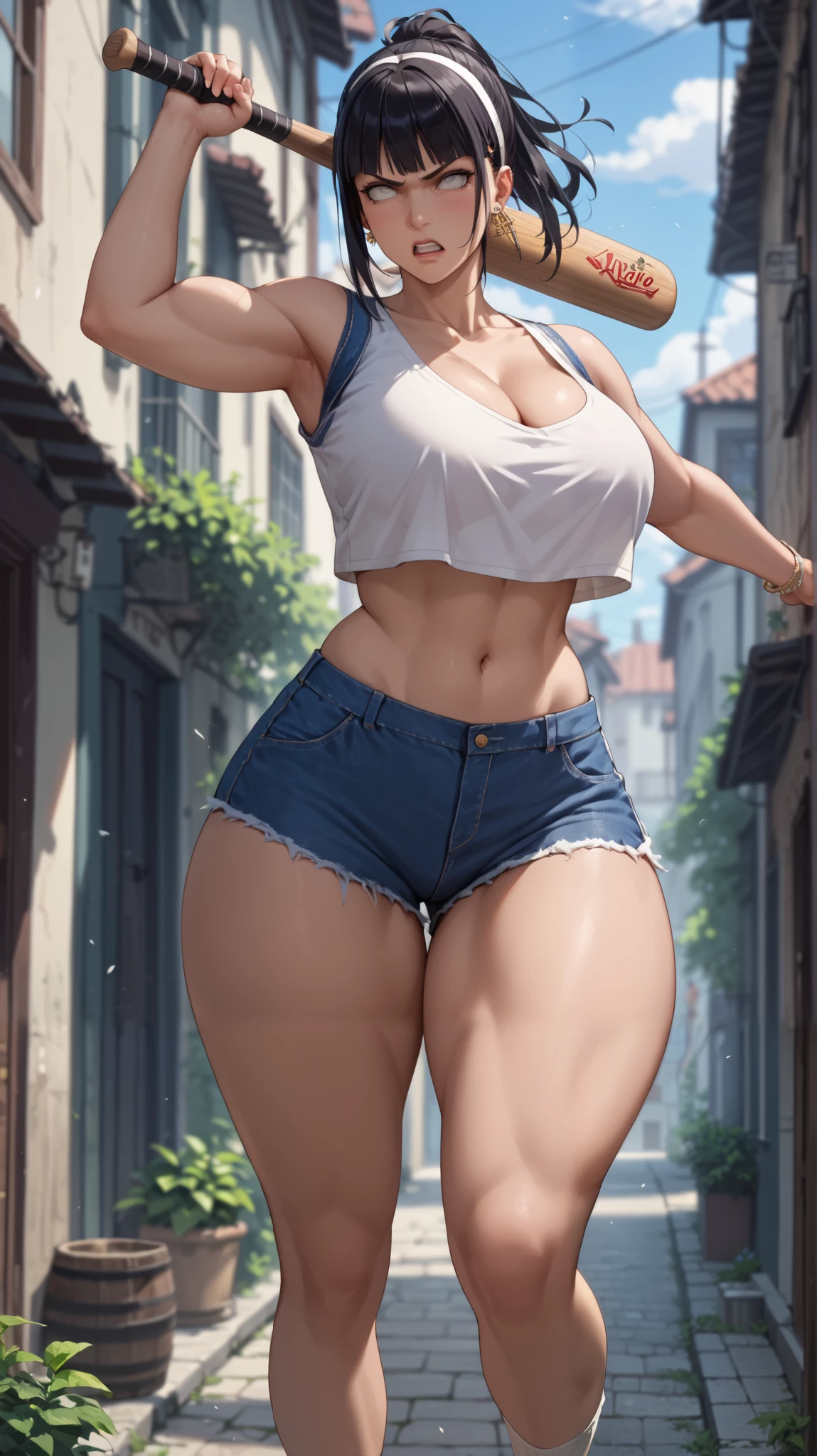 unparalleled masterpiece, ultra realistic 8k CG, perfect artwork, (1girl:1.1) , solo, ((perfect female figure)), (nsfw), looking at viewer, mature female, bimbo, standing, (teasing), best quality:1.1 , seductive posture, sexy pose, alluring, (beautiful), (curvy), (thick), blonde hair, (blue eyes:1.2), short hair, earrings, jewelry, denim vest, open vest, black pantyhose, black shirt, denim skirt, striped long sleeves, blue skirt, toned legs, fit, (abs:1.1), (big butt:1.4), peach ass, (athletic body:1.2), (large breasts:1.3, (big_breasts:1.1), wide_hips:1.5, narrow waist, small waist:1.5, slender body:1.2, thick thighs:1.3), (shiny skin:1.2), (hdr), (street:1.2), Nikon D850 film stock photograph Kodak Portra 400 camera f1.6 lens, rich colors, lifelike texture, dramatic lighting, unreal engine, trending on ArtStation, by Gerald Brom, by Frank Frazetta, by Luis Royo, by J