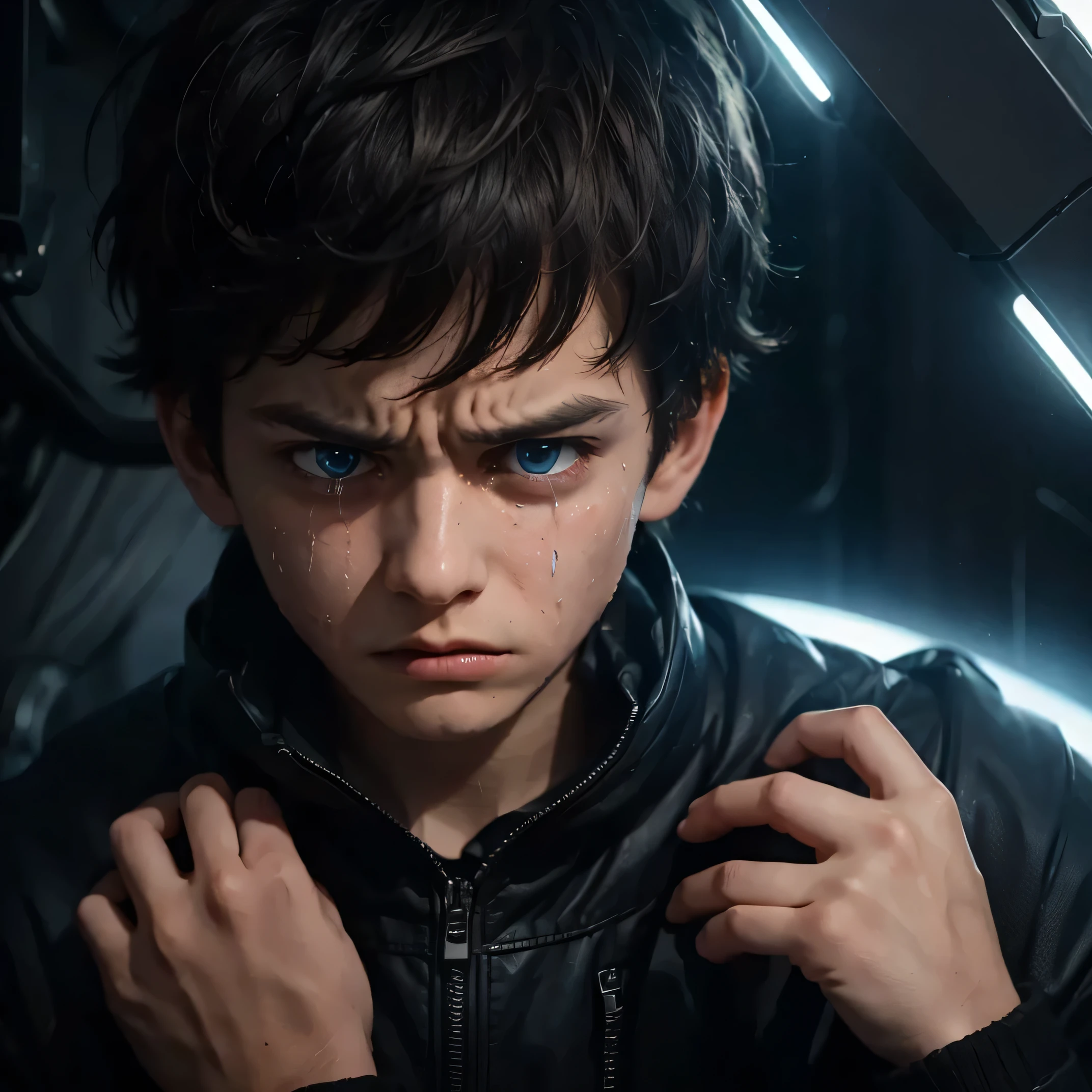 just give me the hunter's eye of a young man looking with resentment , with a cold look (crying and angry ) which is his pupil reflecting new and with blue and red reflections