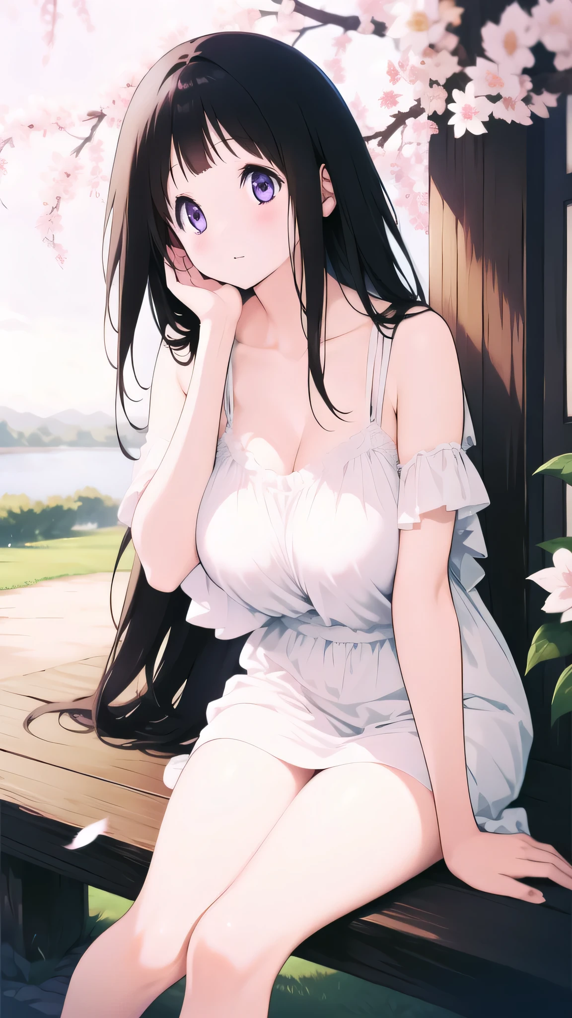 Amazing Chitanda, There is only one beautiful girl,Purple Eyes, Black Hair, Very red face,Very white skin,Glowing skin,Skin as delicate as porcelain,Naturally straight hair, Straight bangs,Extremely refined,Open lips,Long flowing hair,Beautiful Girl, Like a dream,Slim,Slim waist,Soft, (Sensual), (Kawaii), Dream quality,Beautiful big breasts,Half of the areola is exposed,white summer dress,sleeveless,Many holes in clothes,Ragged clothes,,The clothes are completely transparent,Deep V neckline,Loose neckline,Wide neckline,In the crowd,On the tram,Crowded,Wind blows up skirt,no pants,Bare shoulders,Bare neck,Exposed collarbone,Showing breasts,Show your waist,Show your buttocks,Show your thighs,Exposing the groin,No pants,extremely shy,Ultra-high resolution, (masterpiece:1.2, best quality), (Delicate and beautiful eyes: 1.2), (Beautiful and delicate face)