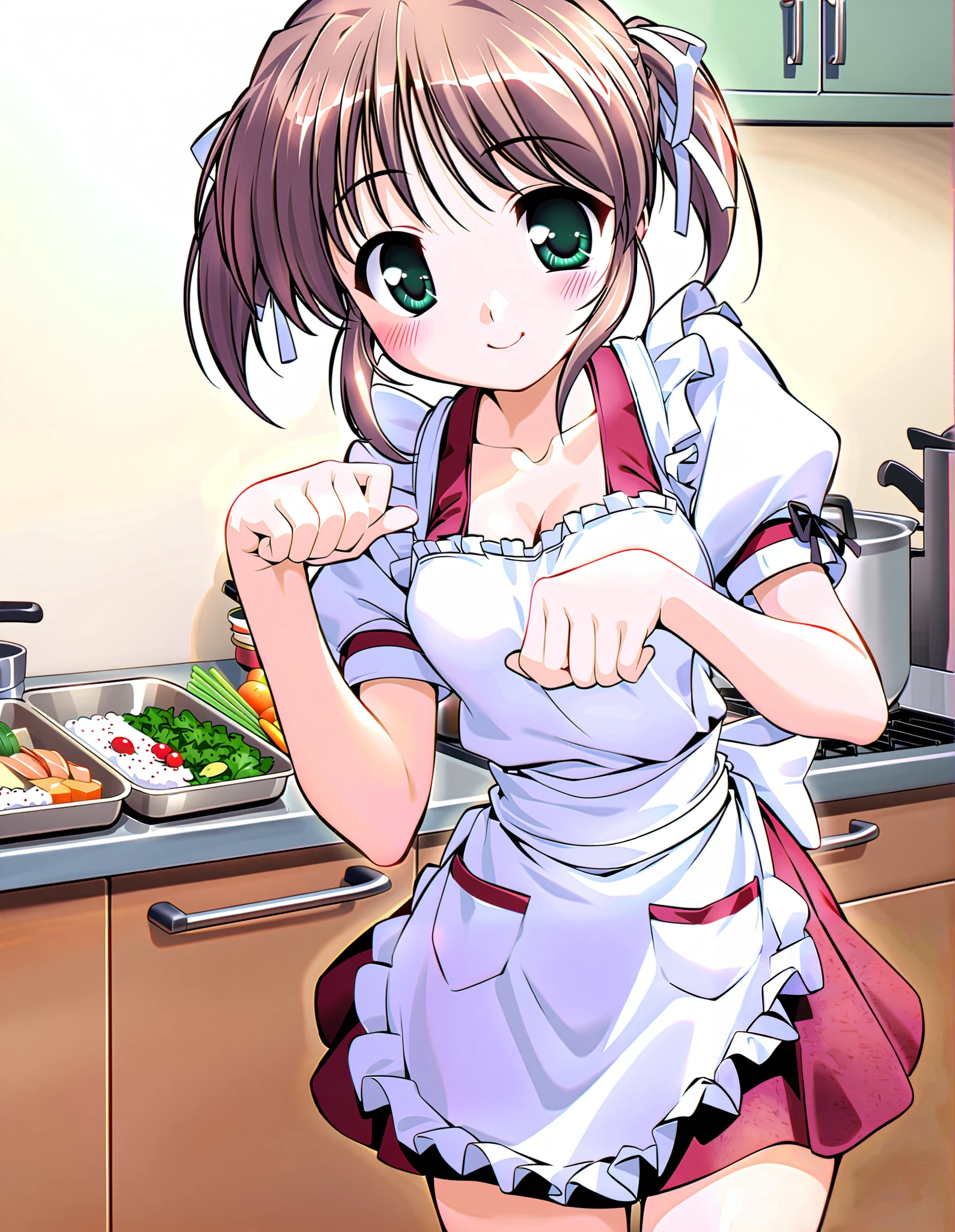 Asagiri Mai, Alone, (cowboy shot), brown hair , short hair, hair ribbon, twintails, green eyes, small breasts, ( cute apron), (I'm making bento), ( cute pose), (Red cheeks:1.2), cleavage, (bright smile:1.2), (kitchen), score_9, score_8_superior, score_7_superior, source_anime, (best quality:1.2), 細部までこだわったanime, high quality , full color, 8k, high resolution