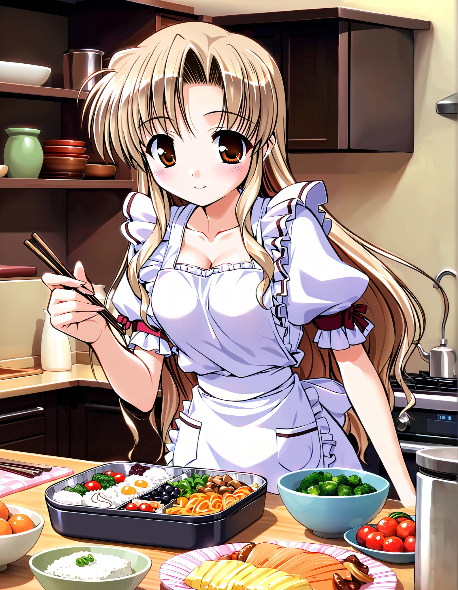 hozumi sayaka, (cowboy shot), long hair, brown hair, brown eyes, (wavy hair:0.7), blonde hair, small breasts, ( Sexy Apron ), (I'm making bento), (Red cheeks:1.2), cleavage, (bright smile:1.2), (kitchen), score_9, score_8_superior, score_7_superior, source_anime, (best quality:1.2), 細部までこだわったanime, high quality , full color, 8k, high resolution