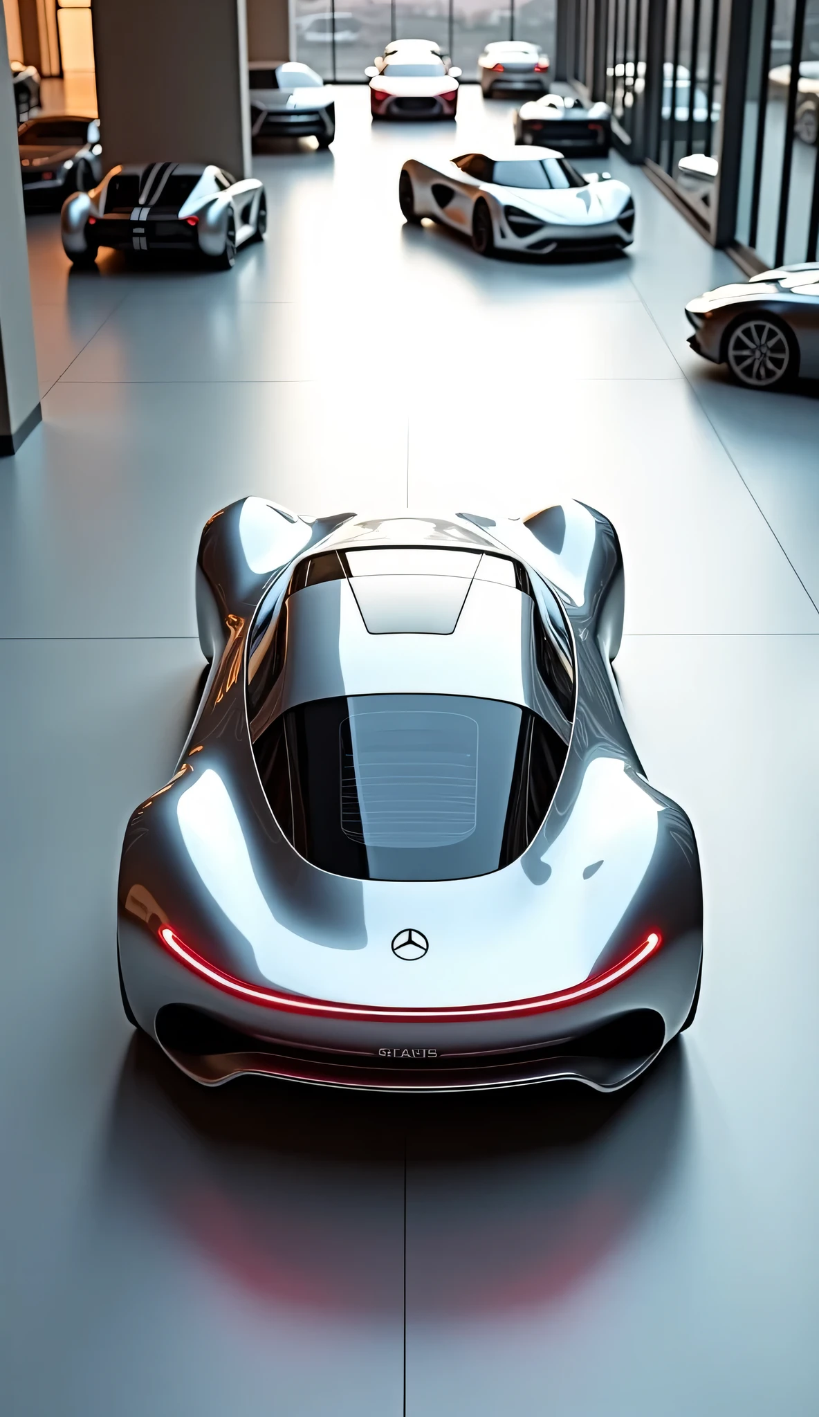 View from the second floor of a sleek chrome a futuristic car Mercedes, displayed in a pristine showroom with large glass windows, surrounded by other luxury cars, photorealistic style, ultra high-definition