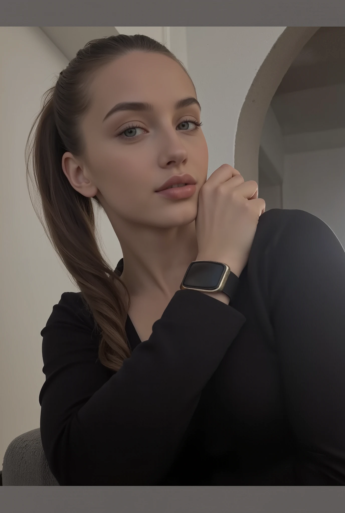 Create a highly detailed and realistic image of a young woman of about 20 years old . She has long golden hair , in gentle waves, fair skin with a natural glow and bright blue eyes . Her facial features are symmetrical and delicate , with a warm and confident smile . She has a voluptuous silhouette focusing on a fuller bust , wearing a sensual and stylish outfit , such as a tight bikini or short shorts . The background is slightly blurred to highlight her as the main focus of the composition, with natural and warm lighting highlighting her features .