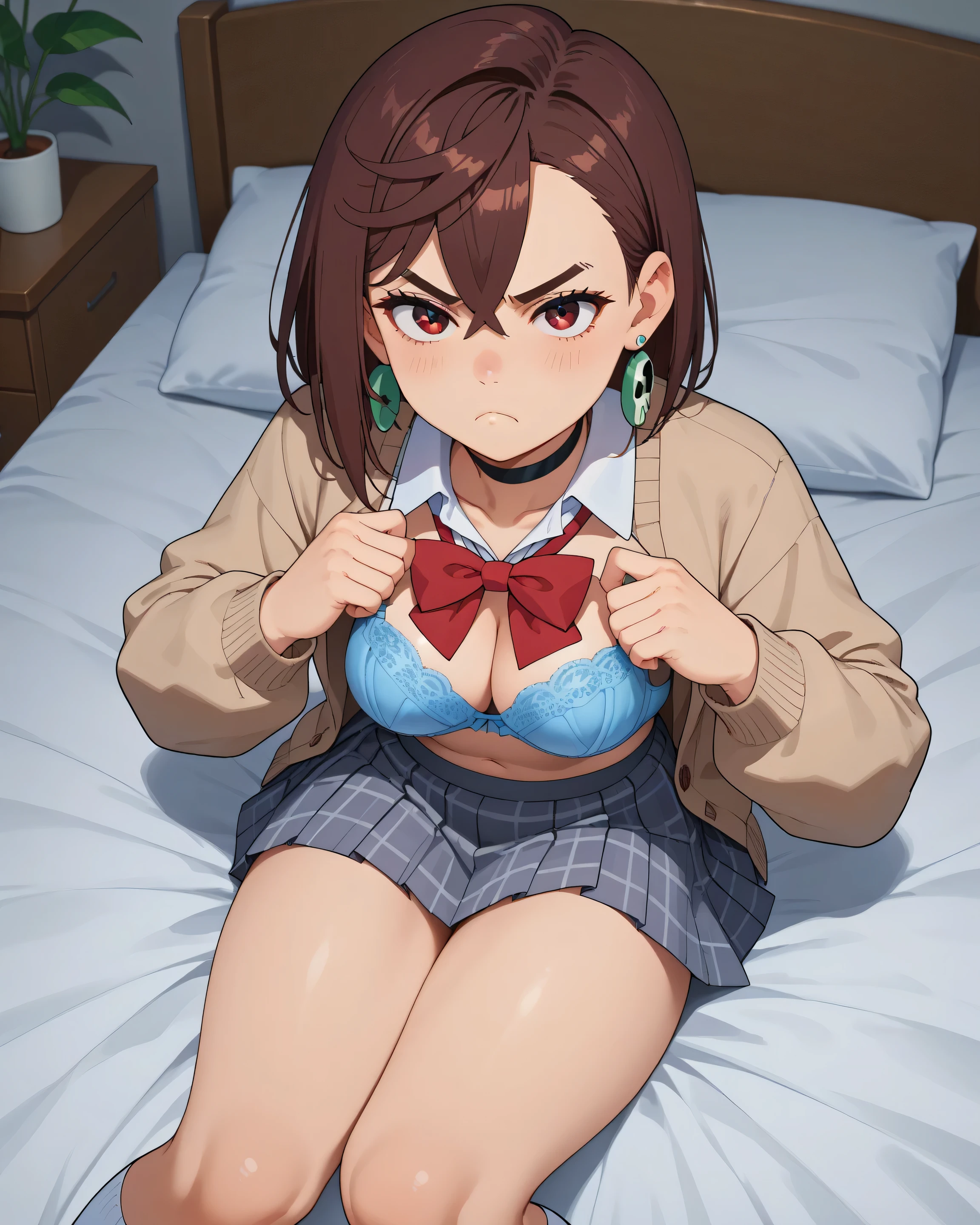score_9,score_8_up,score_7_up, ayase momo, 1girl, skull earrings, jewelry, grey pleated skirt, pout, bedroom background, white socks, black choker, school uniform, collared shirt, brown sweater, white shirt, fingernails, looking at viewer, medium hair, large breasts, hair between eyes, grey skirt, kneehighs, light grey miniskirt, long sleeves, red bow, red ribbon, light grey skirt, cardigan, asymmetrical bangs, thighs, red bowtie, grey plaid skirt, cleavage, medium breasts, bra, laying in bed, arms crossed, dark grey wall, black headbord, black bed headbord, drak room, shadow, low lighting, high angle, dark grey wall, white shirt, pout, night, baby blue bra, bra under white shirt, grey bedcovers, sexy,