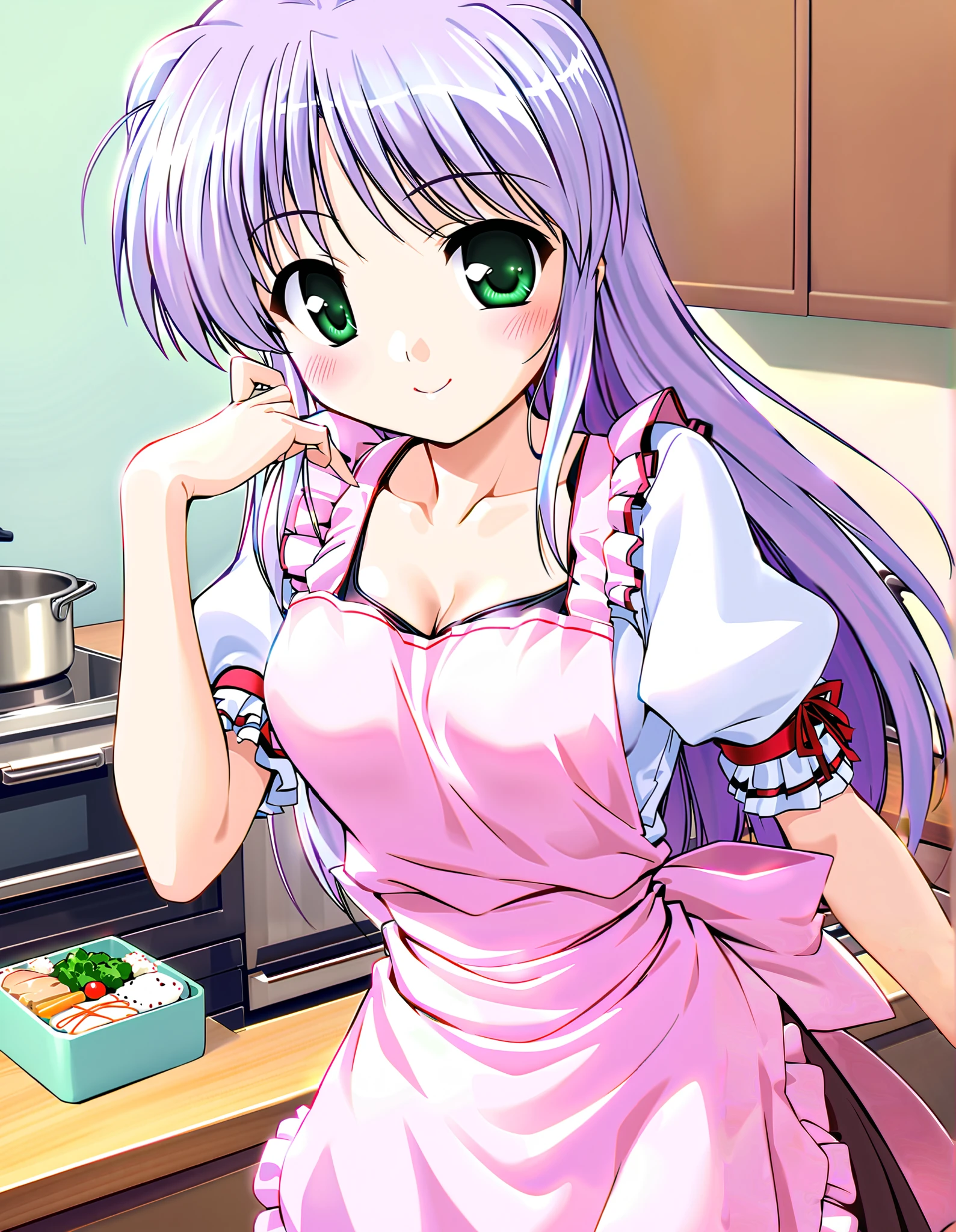 feena fam earthlight, Alone, (cowboy shot), green eyes, long hair, purple hair, small breasts, ( Sexy Apron ), (I'm making bento), (Red cheeks:1.2), cleavage, (bright smile:1.2), (kitchen), score_9, score_8_superior, score_7_superior, source_anime, (best quality:1.2), 細部までこだわったanime, high quality , full color, 8k, high resolution
