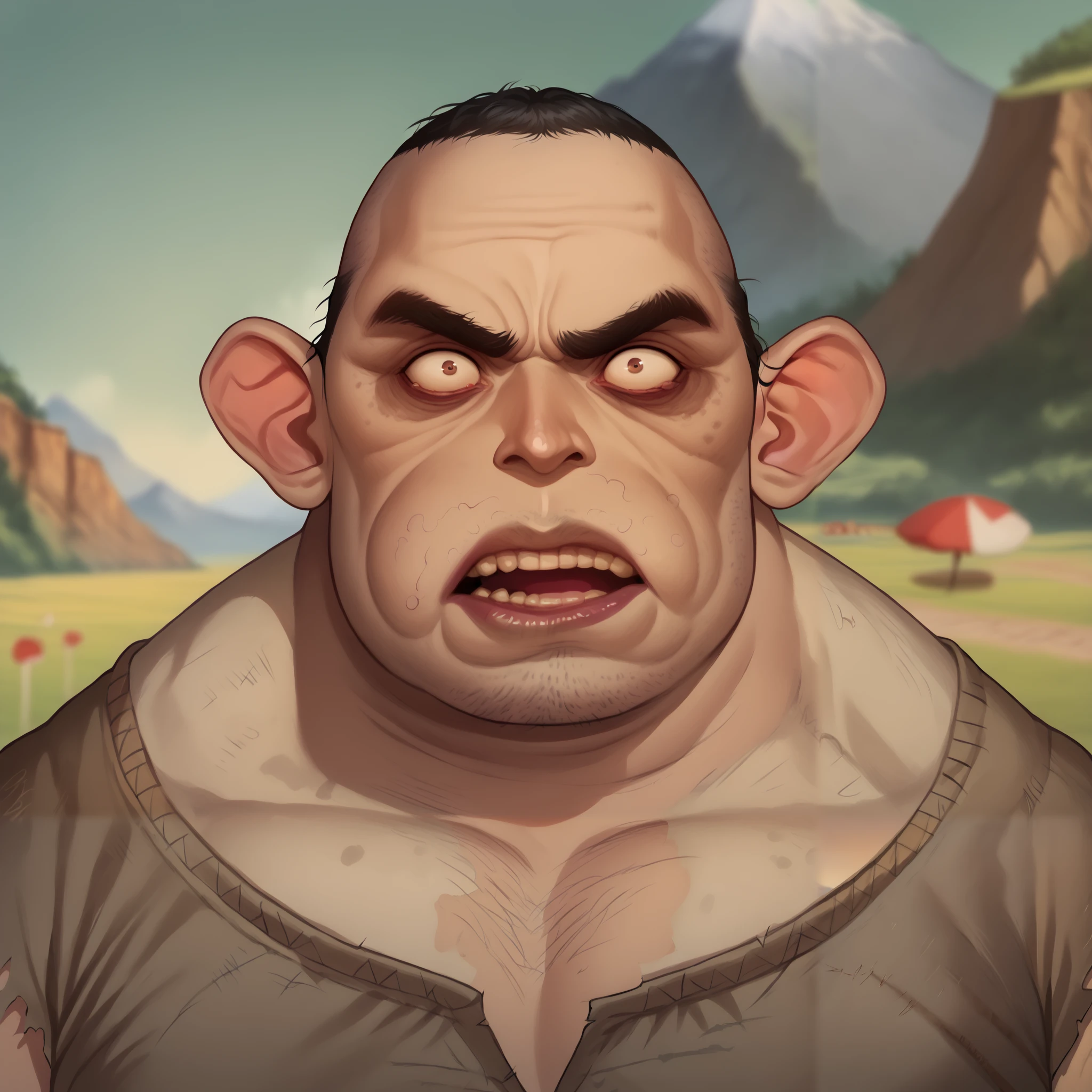 (((beautiful, high quality, comics style, detailed face))), score_9, score_8_up, score_7_up, BREAK, bust shoot, solo, male troll, monster, (tall, fat, obese, muscular), ((big nose)), dark skin tone:1.4, Black short hair, (beard), square jaw, thick lips, thick eyebrows, ((crazy eyes, angry, yelling)), barbarian clothes, (ugly man), (summer, green field, mountainous horizon), blurred background, DeepNegative_xl_v1, detailxl, zPDXL2
