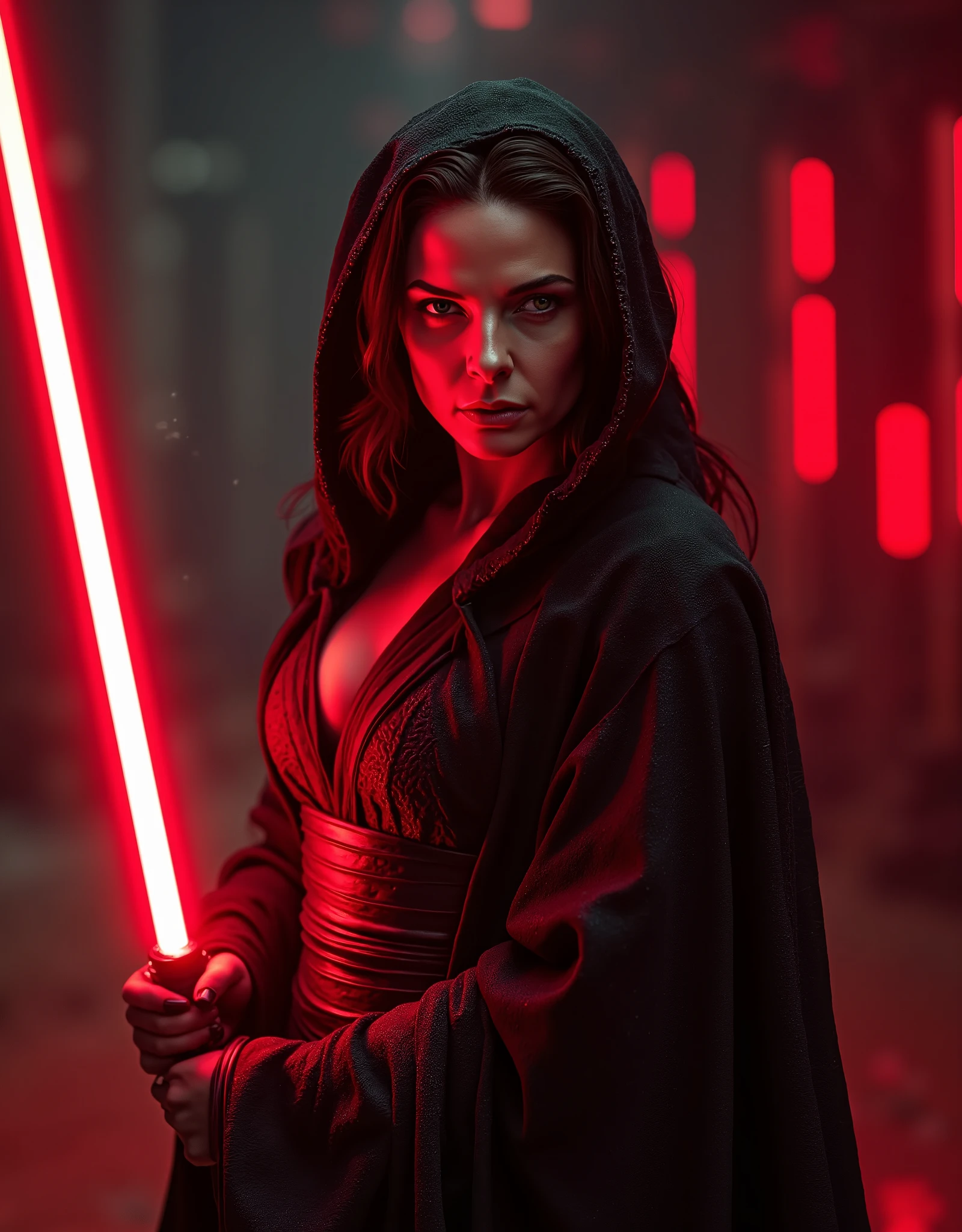 full body shot, female warrior, sith lord, star wars, red lightsaber, intricate details,beautiful detailed eyes, beautiful detailed lips, extremely detailed face, long eyelashes, evil look, diabolic, dramatic lighting, dark fantasy, chiaroscuro, cinematic composition, dramatic pose, dynamic action, moody atmosphere, deep shadows, vibrant colors, photorealistic, 8k, masterpiece