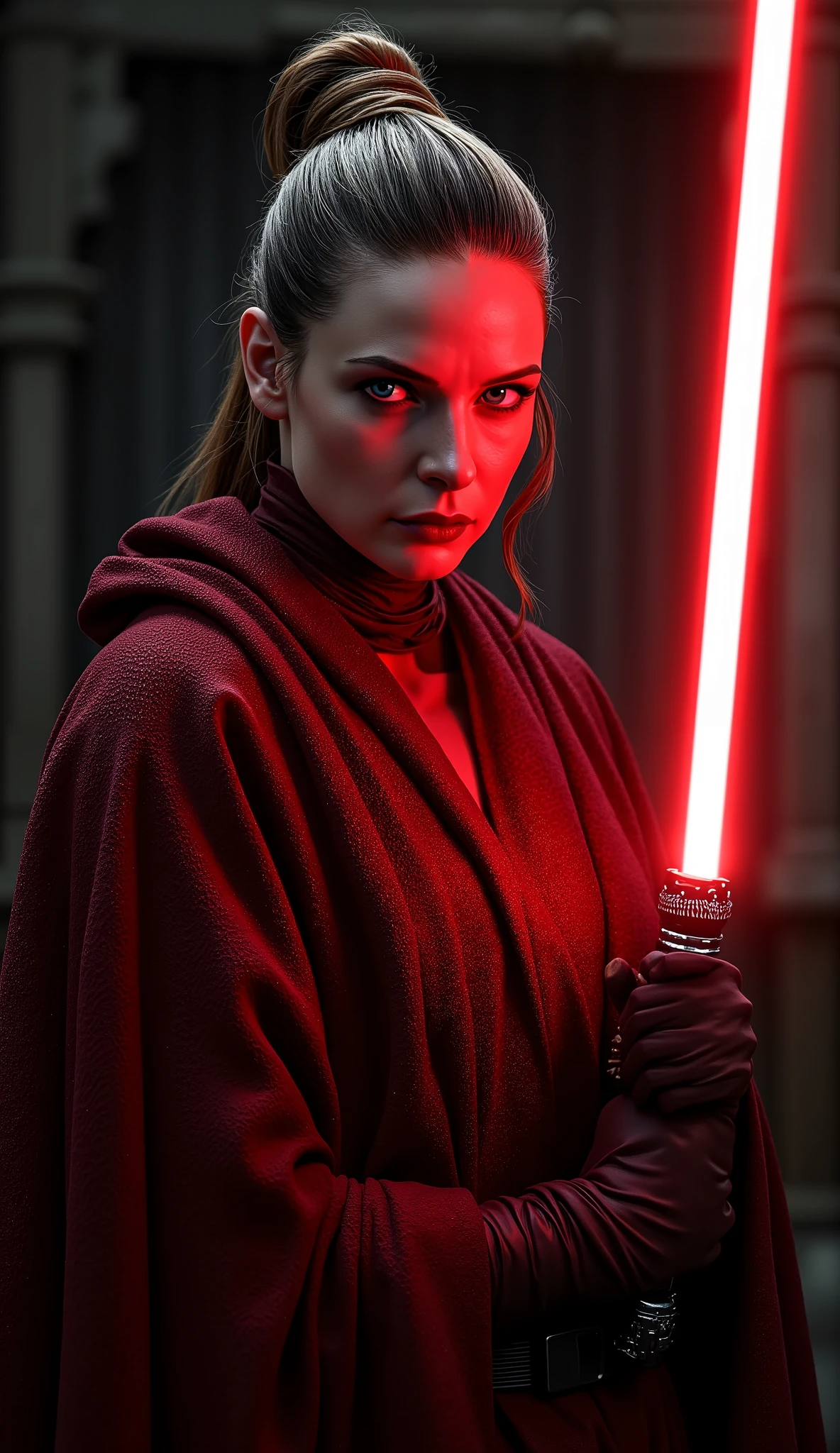 full body shot, female warrior, sith lord, star wars, red lightsaber, intricate details,beautiful detailed eyes, beautiful detailed lips, extremely detailed face, long eyelashes, evil look, diabolic, dramatic lighting, dark fantasy, chiaroscuro, cinematic composition, dramatic pose, dynamic action, moody atmosphere, deep shadows, vibrant colors, photorealistic, 8k, masterpiece