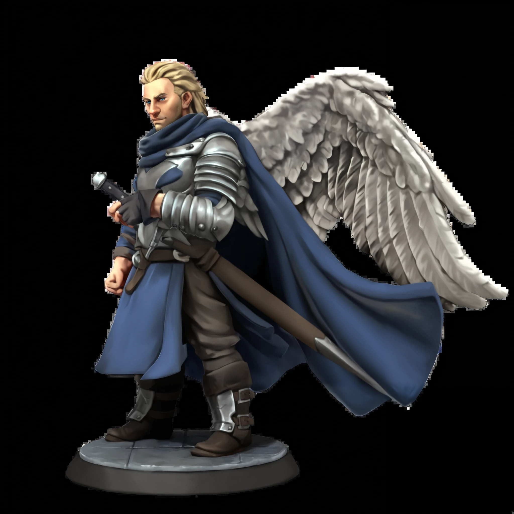 A blonde white man, in armor, with a blue cape draped over. He has angel wings, 3/4 profile, 3/4 view, he has a sword sheathed at his waist. Dnd artstyle, digital oil painting, artistic, drawn, dragons and dungeons style