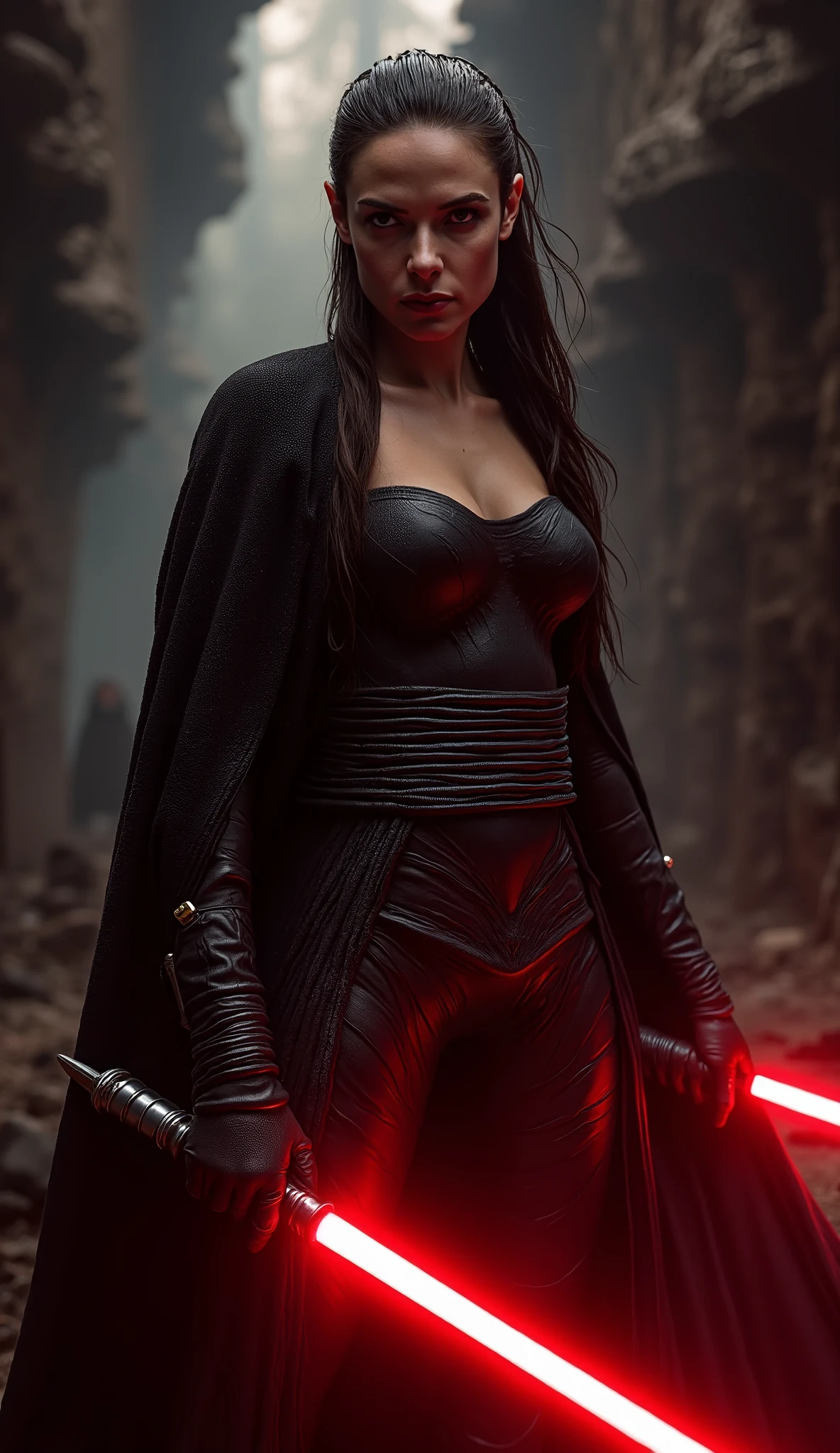 full body shot, female warrior, sith lord, star wars, red lightsaber, intricate details,beautiful detailed eyes, beautiful detailed lips, extremely detailed face, long eyelashes, evil look, diabolic, dramatic lighting, dark fantasy, chiaroscuro, cinematic composition, dramatic pose, dynamic action, moody atmosphere, deep shadows, vibrant colors, photorealistic, 8k, masterpiece
