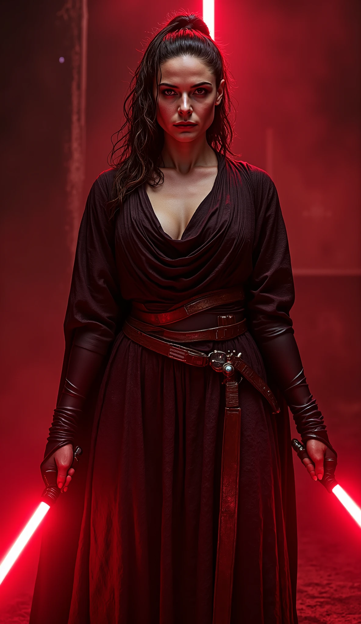 full body shot, female warrior, sith lord, star wars, red lightsaber, intricate details,beautiful detailed eyes, beautiful detailed lips, extremely detailed face, long eyelashes, evil look, diabolic, dramatic lighting, dark fantasy, chiaroscuro, cinematic composition, dramatic pose, dynamic action, moody atmosphere, deep shadows, vibrant colors, photorealistic, 8k, masterpiece