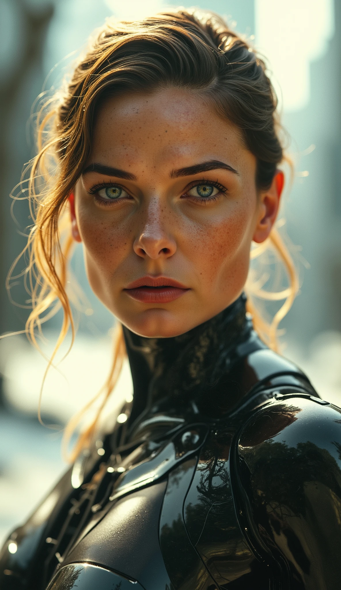 A cyborg woman with pulled back hair, in the center of a futuristic background, bathed in soft, even light. Her proportional and detailed face, with piercing eyes, gazes directly at the viewer, exuding an air of mastery. The medium body portrait showcases her sexy physique, while the day time lighting accentuates her striking features. The overall effect is a true masterpiece, boasting best quality visuals that draw the viewer in.
