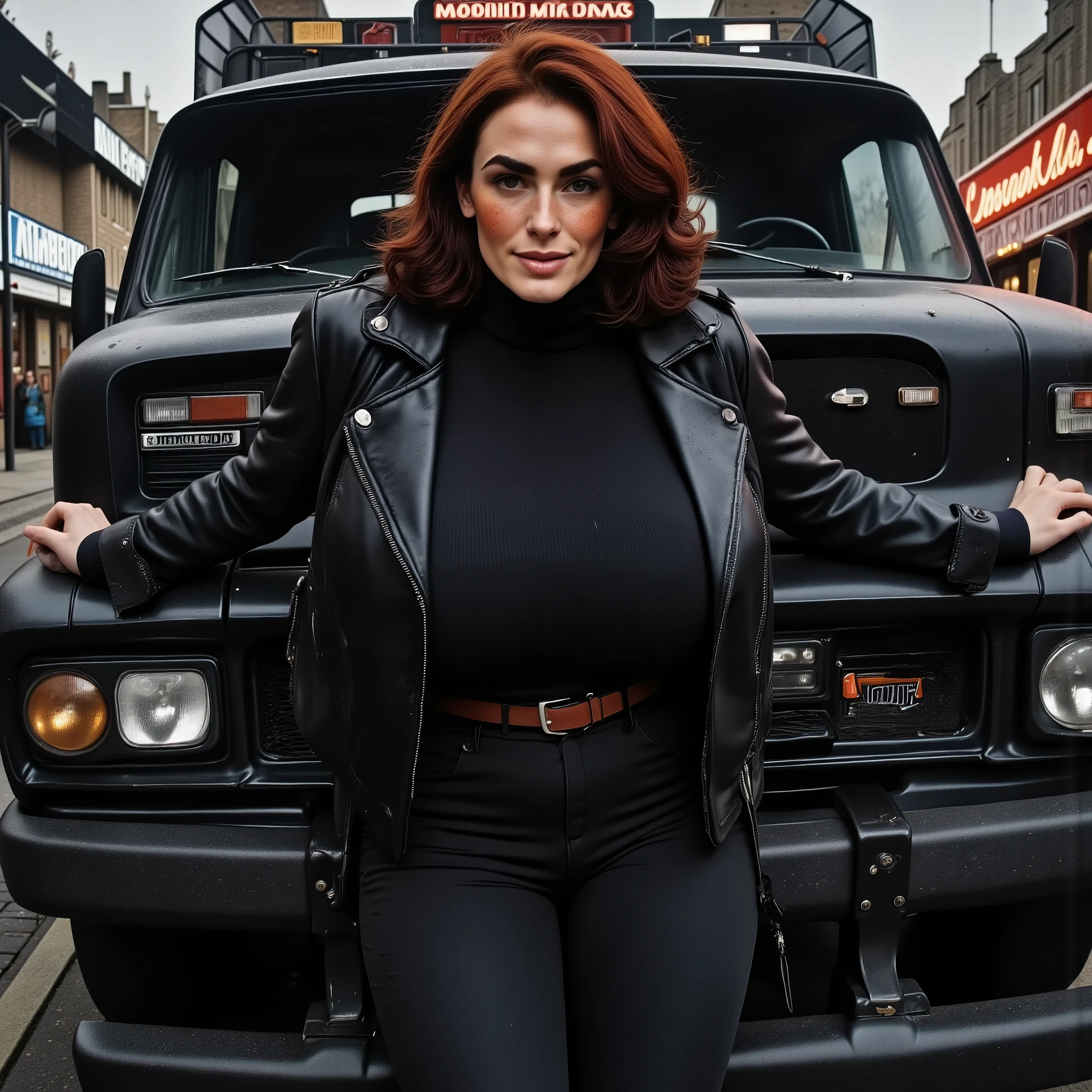 Photorealistic, cinematic style, picture of a beautiful British woman leaning against the side of a old black Chevy van. (Dynamic pose: 1.5), (slight smile). She has Brown eyes, downturned eye shape, light skin and freckles, reddish-brown hair. She's wearing a black biker jacket, black jeans and black t-shirt . Black sunglasses. Behind her is the big black Chevy van, black asphalt on the ground. ((Theme colour is black)). perfect hand,HDR, intricate details ,