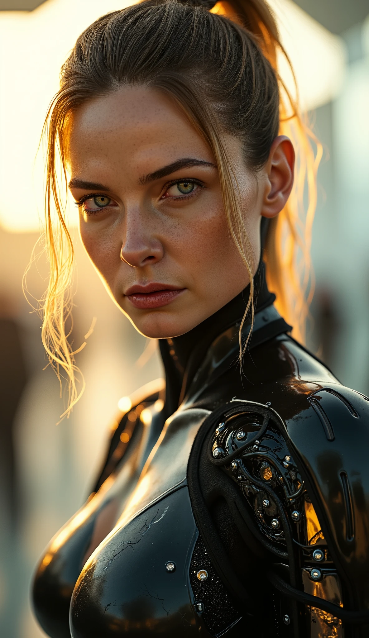 A cyborg woman with pulled back hair, in the center of a futuristic background, bathed in soft, even light. Her proportional and detailed face, with piercing eyes, gazes directly at the viewer, exuding an air of mastery. The medium body portrait showcases her sexy physique, while the day time lighting accentuates her striking features. The overall effect is a true masterpiece, boasting best quality visuals that draw the viewer in.