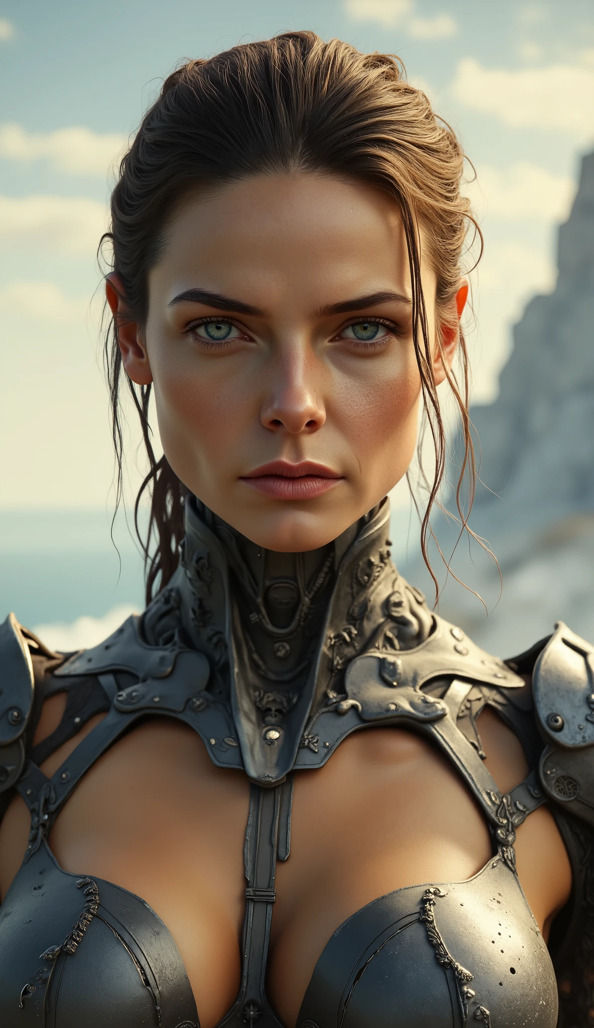 A cyborg woman with pulled back hair, in the center of a futuristic background, bathed in soft, even light. Her proportional and detailed face, with piercing eyes, gazes directly at the viewer, exuding an air of mastery. The medium body portrait showcases her sexy physique, while the day time lighting accentuates her striking features. The overall effect is a true masterpiece, boasting best quality visuals that draw the viewer in.