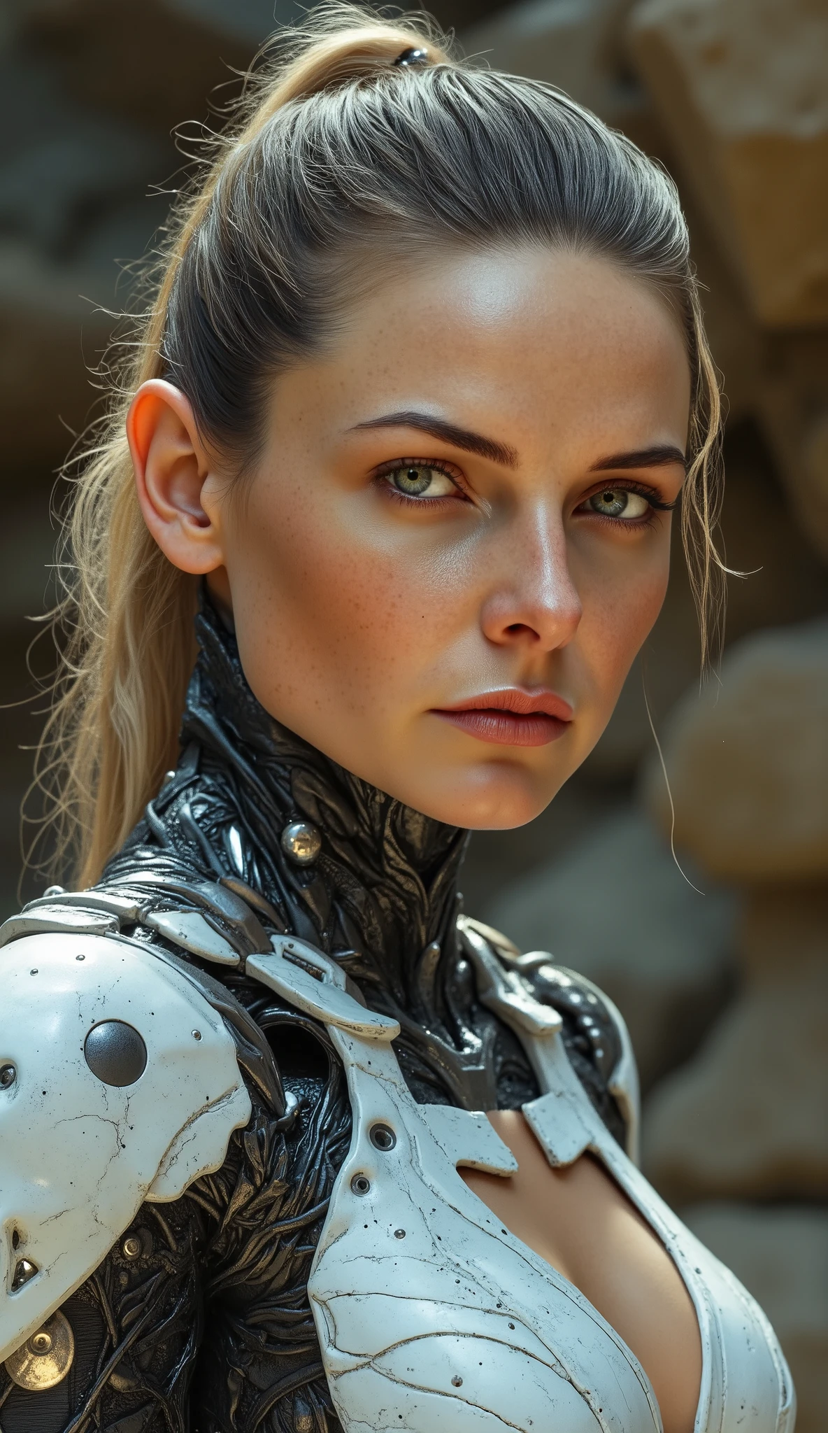 A cyborg woman with pulled back hair, in the center of a futuristic background, bathed in soft, even light. Her proportional and detailed face, with piercing eyes, gazes directly at the viewer, exuding an air of mastery. The medium body portrait showcases her sexy physique, while the day time lighting accentuates her striking features. The overall effect is a true masterpiece, boasting best quality visuals that draw the viewer in.