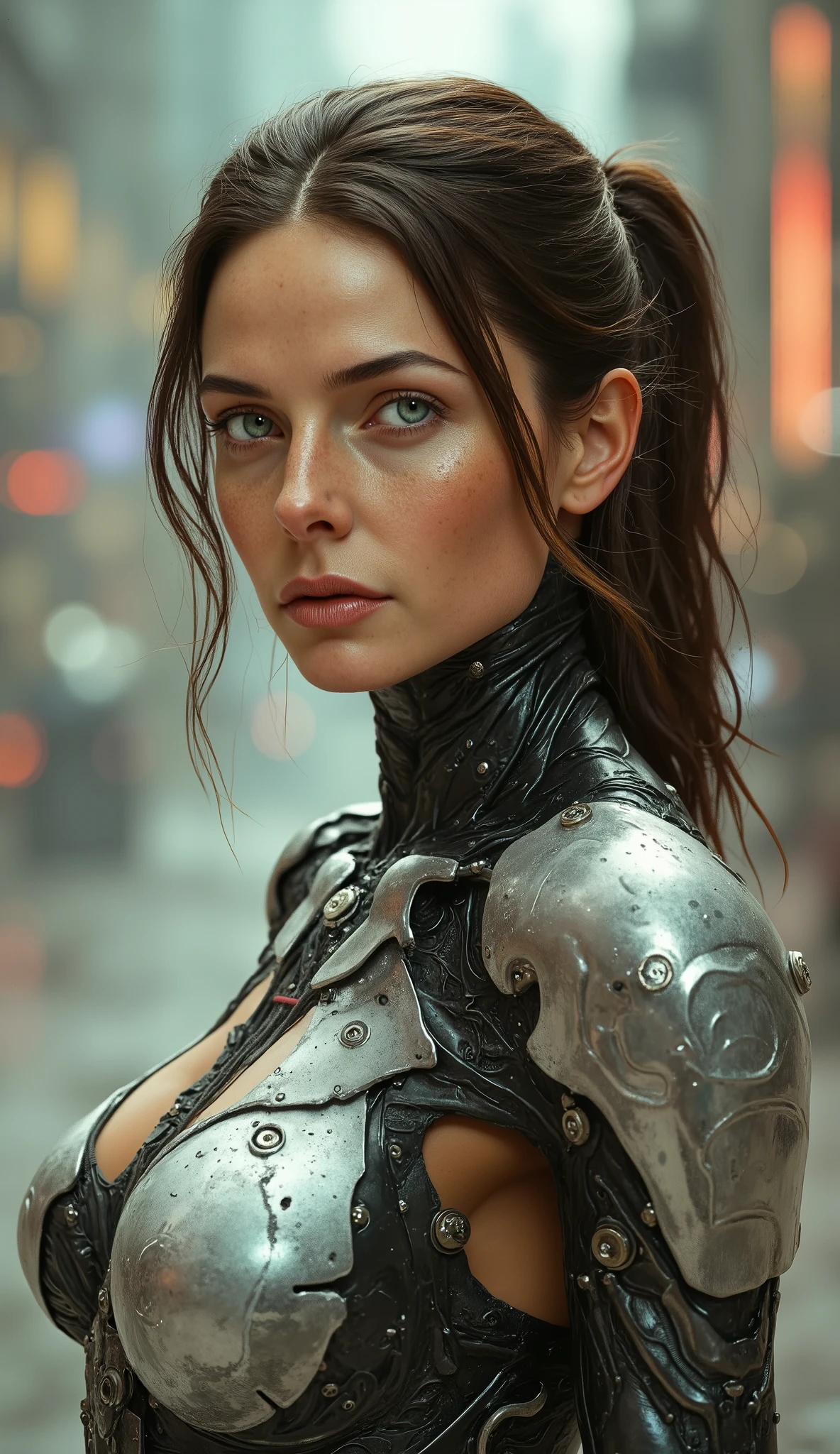 A cyborg woman with pulled back hair, in the center of a futuristic background, bathed in soft, even light. Her proportional and detailed face, with piercing eyes, gazes directly at the viewer, exuding an air of mastery. The medium body portrait showcases her sexy physique, while the day time lighting accentuates her striking features. The overall effect is a true masterpiece, boasting best quality visuals that draw the viewer in.