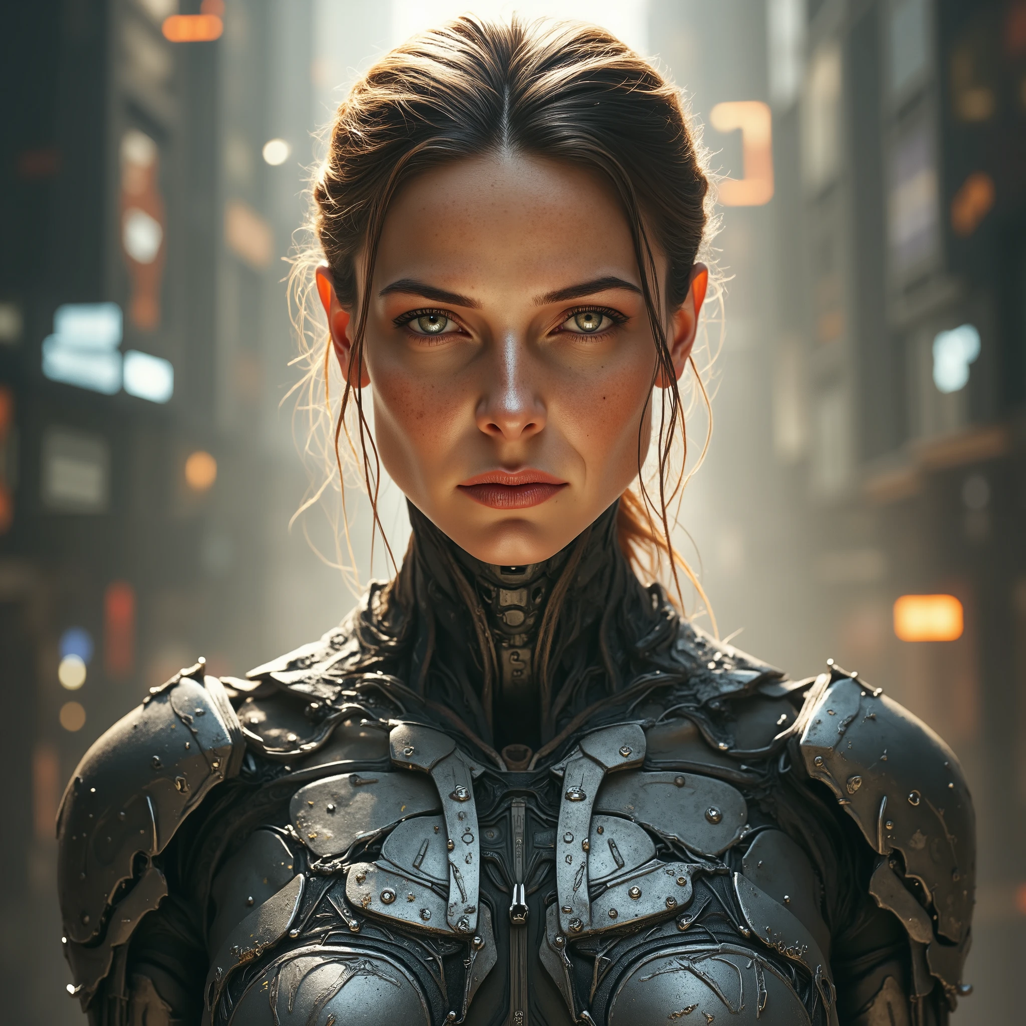 A cyborg woman with pulled back hair, in the center of a futuristic background, bathed in soft, even light. Her proportional and detailed face, with piercing eyes, gazes directly at the viewer, exuding an air of mastery. The medium body portrait showcases her sexy physique, while the day time lighting accentuates her striking features. The overall effect is a true masterpiece, boasting best quality visuals that draw the viewer in.