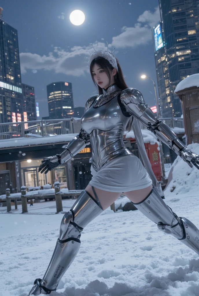 A woman in a silver bodysuit posing in the snow, Covered entirely in silver armor, completely covered in metal armor, Armor Girl, Shiny plastic armor, Tight fitting silver armor, shiny silver armor, Beautiful Caucasian girl cyborg, Bikini Armor, Armored, Shiny silver metal armor, 騎士のArmored少女, Wearing futuristic armor, Porcelain Cyborg Armor