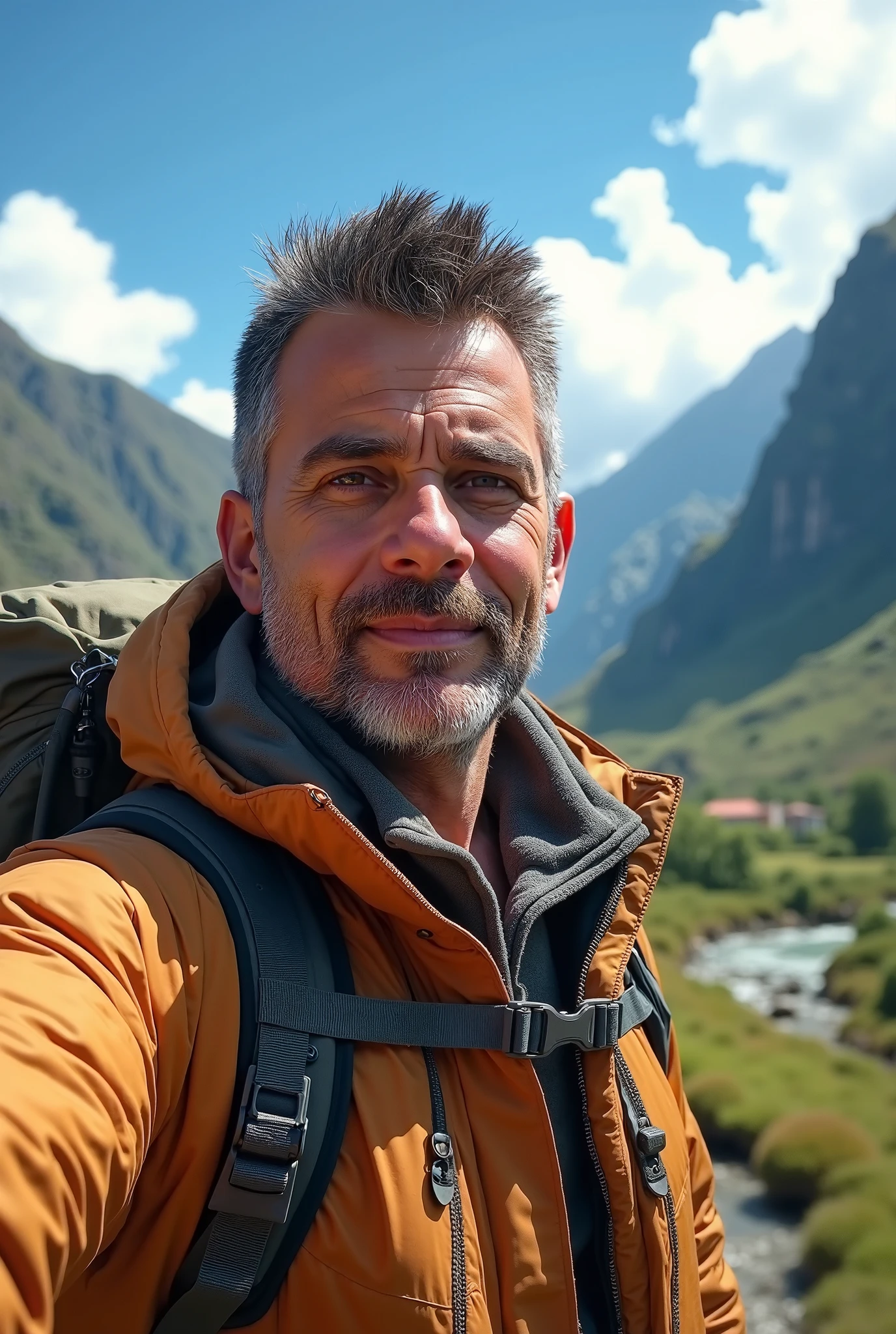 homme 42 ans, souriant, charmant, very short brown hair, barbe courte, mince, European type, nu, photo qualité hd, grand angle, selfie dans une tente la porte ouverte qui laisse voir un paysage de montagne