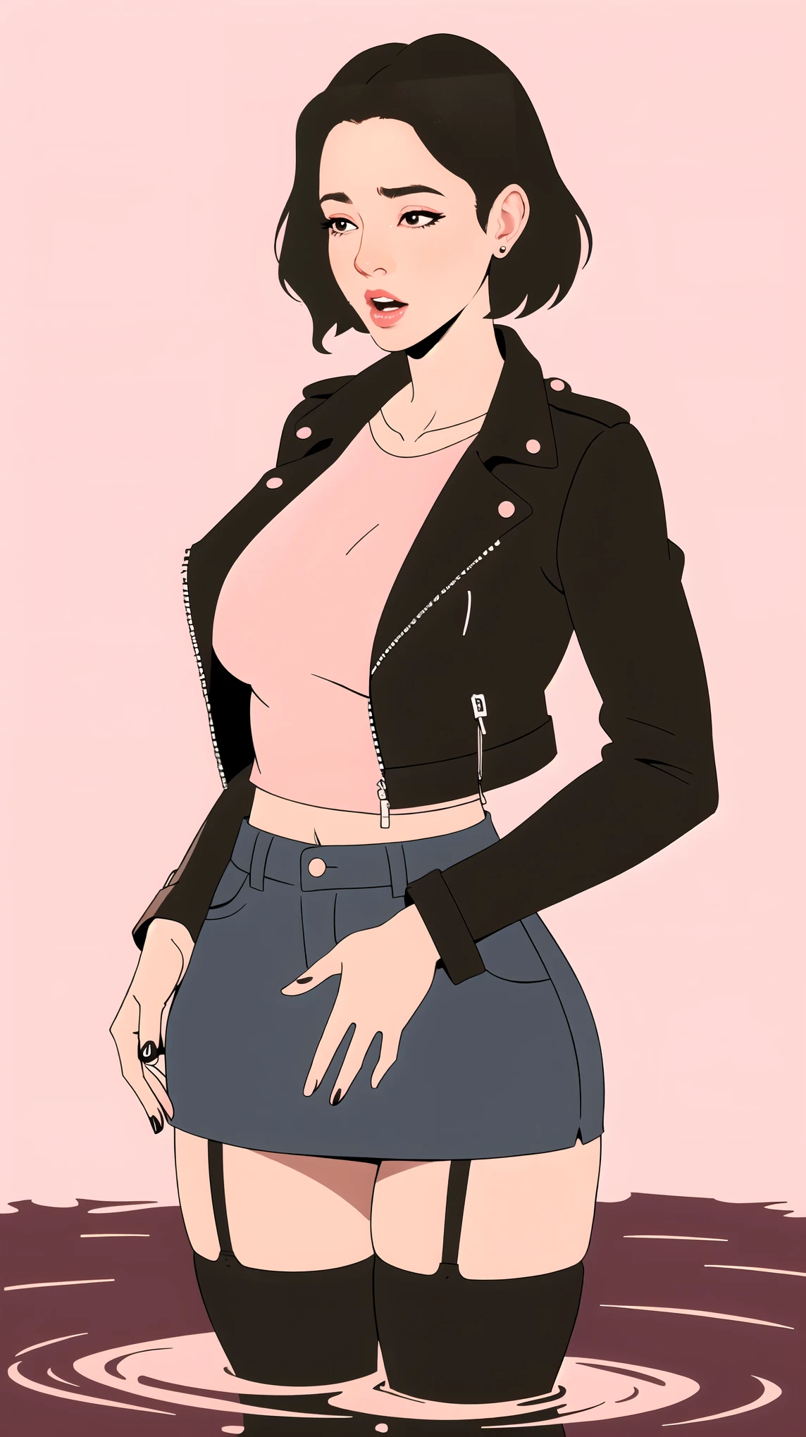 mature woman ,leather jacket, denim skirt, stockings with garters, drowning in bog, simple vector image, pink background, orgasm