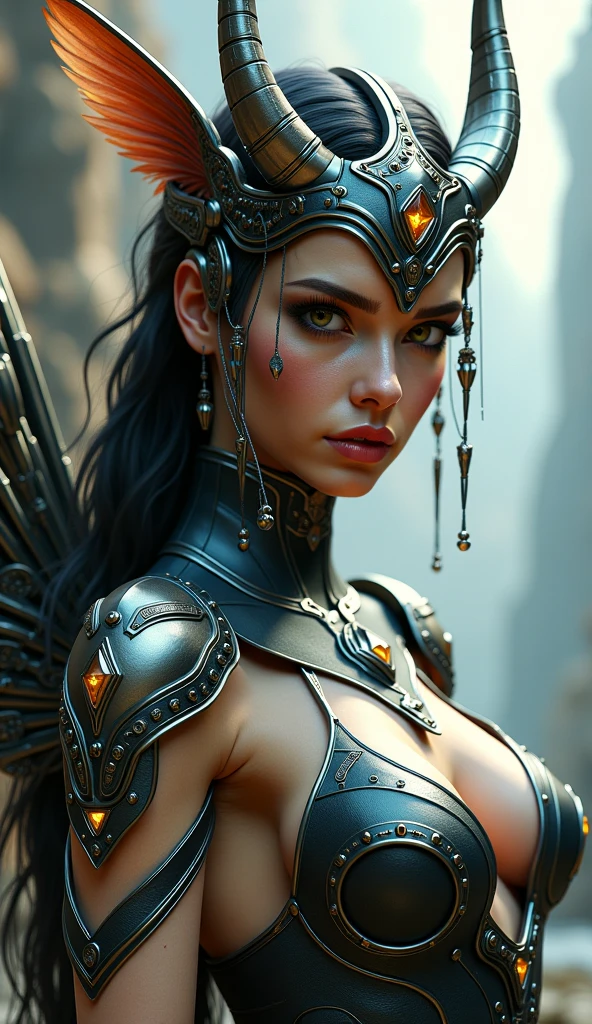 (barbarian goddess,barbarian queen,savage,heavy armor,biomechanical,retro futuristic,fantasy art,80s fantasy movie,best quality,4k,8k,highres,masterpiece:1.2),ultra-detailed,(realistic,photorealistic,photo-realistic:1.37),cinematic lighting,dramatic lighting,extremely detailed face and eyes,beautiful detailed eyes,beautiful detailed lips,longeyelashes,muscular female figure,strong goddess pose,scar on face,glowing energy effects,metallic armor,intricate biomechanical design,neon geometric shapes,moody colors,dramatic shadows