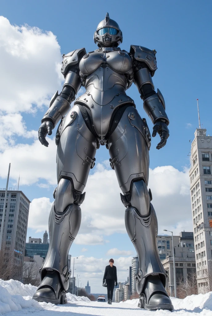 (Muscular:1.8), (thick thighs:1), (large round breasts:1), (large muscular chest and shoulders:1.4), FEMALE, brown hair, long brown hair, (big smile:0), (tight mecha arm, tall cute silver cyborg:1.5), looking at viewer, (side profile view:1.4), upper body view, (sidewalk:1.5), dark lighting, detailed skin, detailed eyes, (dark skin:1.), (very thin waist:1.3), (huge round muscles:1.5), (one protagonist:1.5), (tall:2.1),