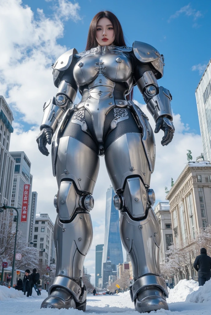 (Muscular:1.8), (thick thighs:1), (large round breasts:1), (large muscular chest and shoulders:1.4), FEMALE, brown hair, long brown hair, (big smile:0), (tight mecha arm, tall cute silver cyborg:1.5), looking at viewer, (three quarter view:1.3), upper body view, (sidewalk:1.5), dark lighting, detailed skin, detailed eyes, (dark skin:1.), (very thin waist:1.3), (huge round muscles:1.5), (one protagonist:1.5), (tall:2.1), (arms crossed:1.6),