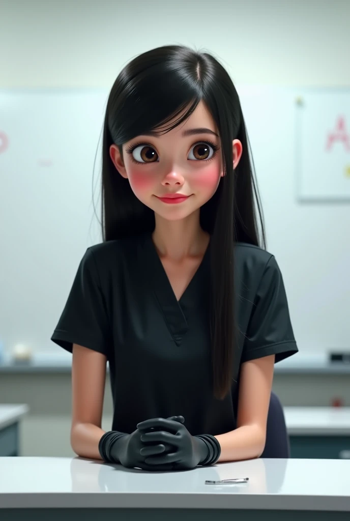 Cartoon character of a nurse with black eyes and big eyelashes, drawn mouth and medium nose, with very straight and long hair, wearing dark blue surgical pajamas Inside a clinical animation character, stylized character, animation style rendering, 3d stylized, Arnold Maya rendering, Stylized 3D rendering, toon render screenshot, 3d character, 3d character, Stylized 3D rendering, 3D character rendering, cartoon character, Personagem de close up, character posing, (Pixar-style) (master part:1.2) (bokeh) (best qualityer) (skin detailed) (detailed texture) (8k) (Argilla) (cinematic lighting) (sharp focus