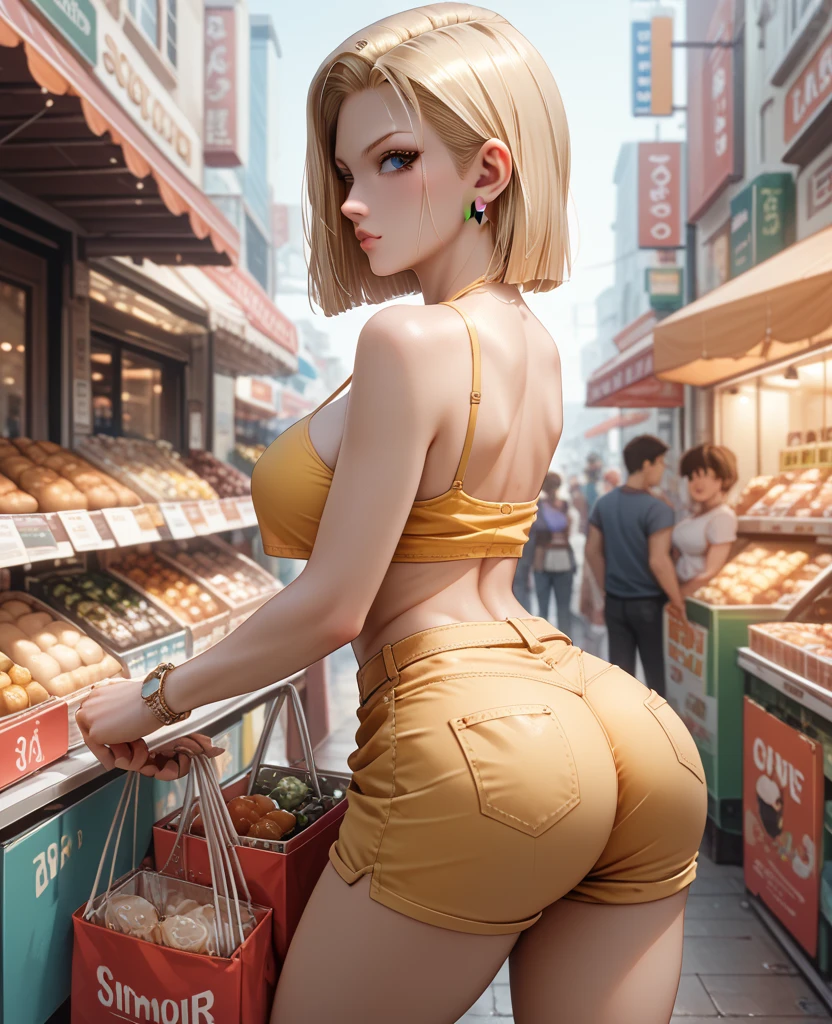 () ,girl、(brown mickey ears headband)。(Random Nudes)，Exhibitionism，((Random exposure of genitals))。　Beautiful areola。Small breasts. Thin Hair。(In the frozen food store). Detailed and complex background。((Light blonde hair))。(Round face). ((Short Bob Hair)). Angle from behind. Heavy bangs. Idol&#39;s face