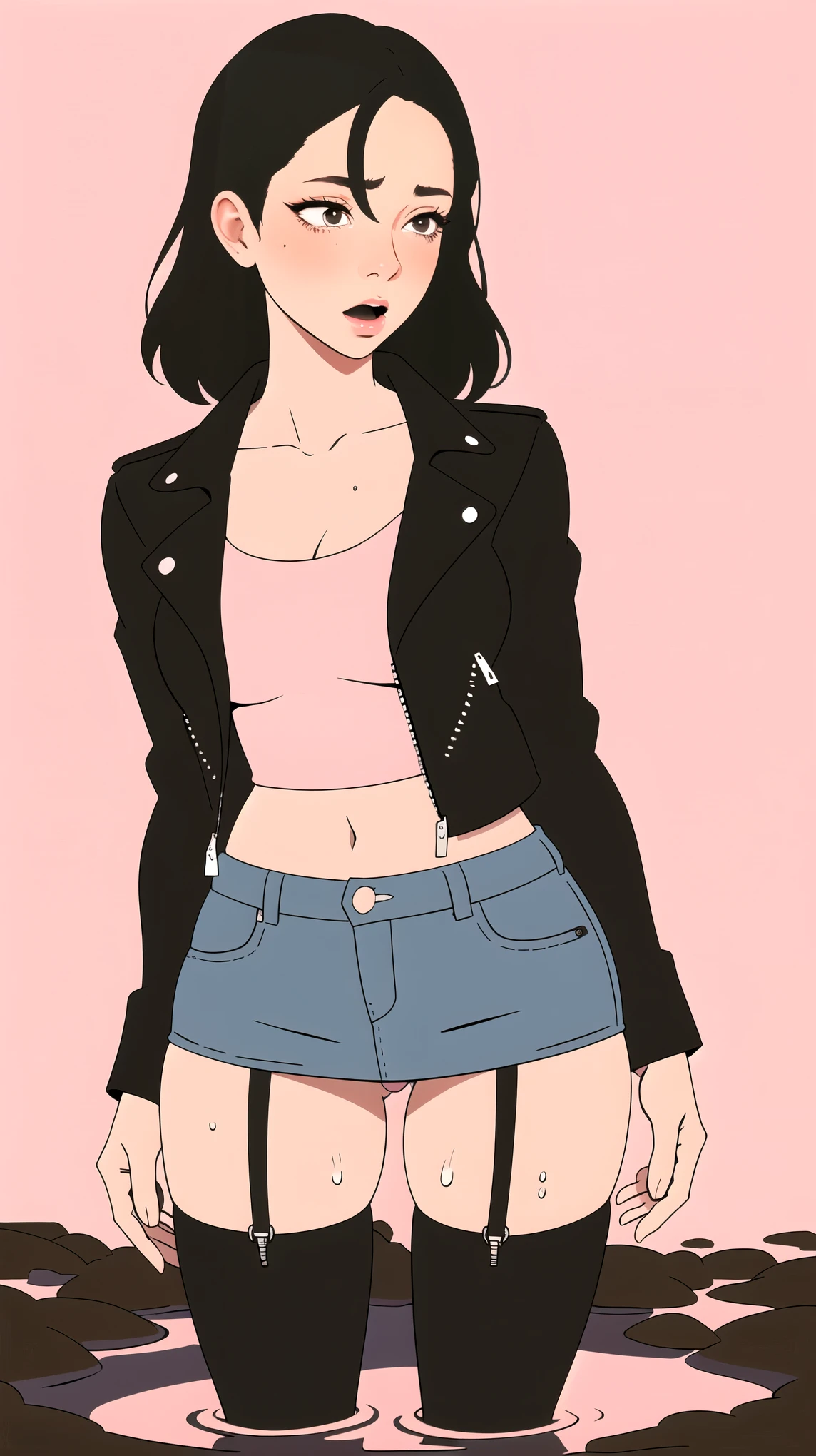 blushed woman ,leather jacket, denim skirt, stockings with garters, drowning in bog, simple vector image, pink background, orgasm