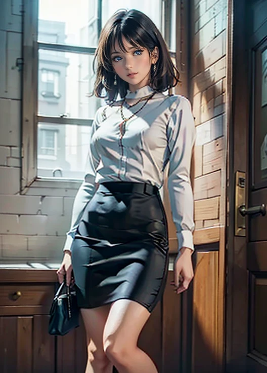 absurdres, RAW photo, extremely delicate and beautiful, masterpiece, Best Quality, ultra high resolution, 32k, hyperrealistic, ultra-detailed, perfect anatomy, perfect figure, super Detailed skin, Very detailed CG 8k wallpaper, in her 20s, very Slim body, narrow waist, very small head, very small face, delicate facial features, tearful mole, earring, thin legs, (very huge round breasts:1.2), full body shot, (1 girls:1.2), short hair, (wavy hair:1.2), (Hoodie Jacket:1.1), (collared dress shirt:1.4), short pencil skirt, wet clothes,