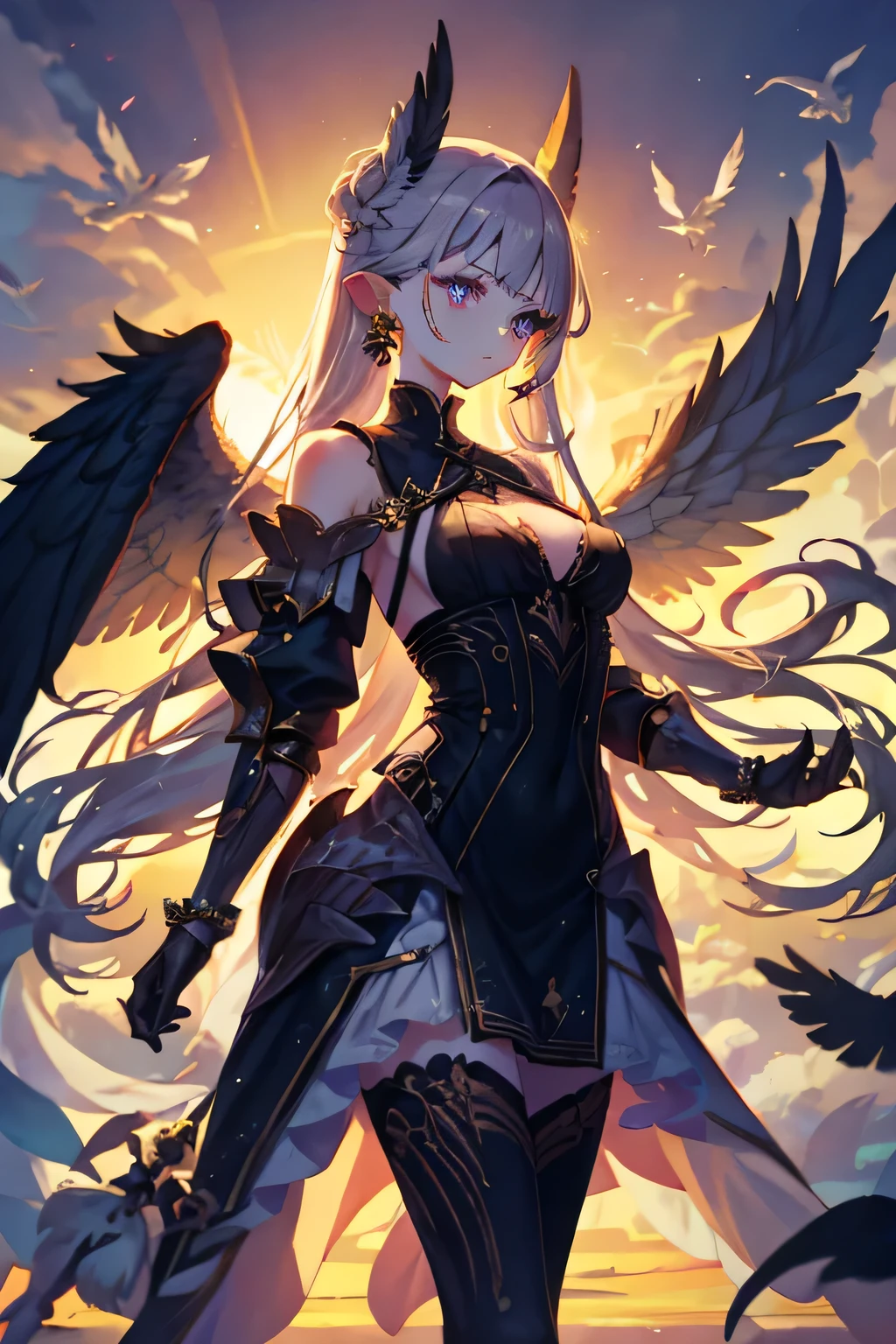 fantasy, 1angel_girl,, loli,medium_bob_hair, long_bangs, halo,bare_shoulder,thighhighs,silver_armor, waist_armor, large_breasts,angry,smile, grin,shiny_teeth,1pair_wings, dynamic_ pose_fighting,floating, bare_crotch, covered_nipples, covered_pussy,headgear,gauntlet, greaves,city_sky_background,slightly_spread_legs, solo, groin_naked,(masterpiece, best quality, best quality, official art, beautiful and aesthetic:1.2), (1 girl), very detailed,