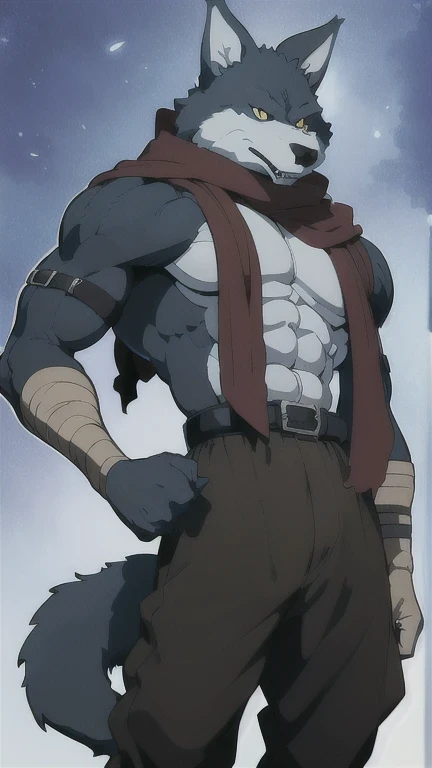 Bergamo    _.,     posing for the camera    , Presume. 4k,     High resolution,     the best quality    ,    published in e621   , Alone,     anthropogenic body    ,  man , ,  man , (   correct muscles     ,     detailed muscles    ,  eyes, broad chest, pectorals, biceped:1.1),     correct anatomy    ,     correct proportions , Anatomy of the Taran    ,, (white clouds, in a meadow, cielo azul:1.0), (by WFA, por taran fiddler:1.0), (by black:0.8), (clear cell     :1.2),    cartoon shading,   Reliable   , strong, (Long wolf tail   :1.0), (pantalones,    belt:1.1), ( half black :1.2), (Detailed Bergamo    _Eyes of .:1.1), pose strong,     looking at the camera   , scarf, pose strong,       bare chest intense colors,     yellow eyes    ,     fluffy wolf tail     ,   correct profile posture  .