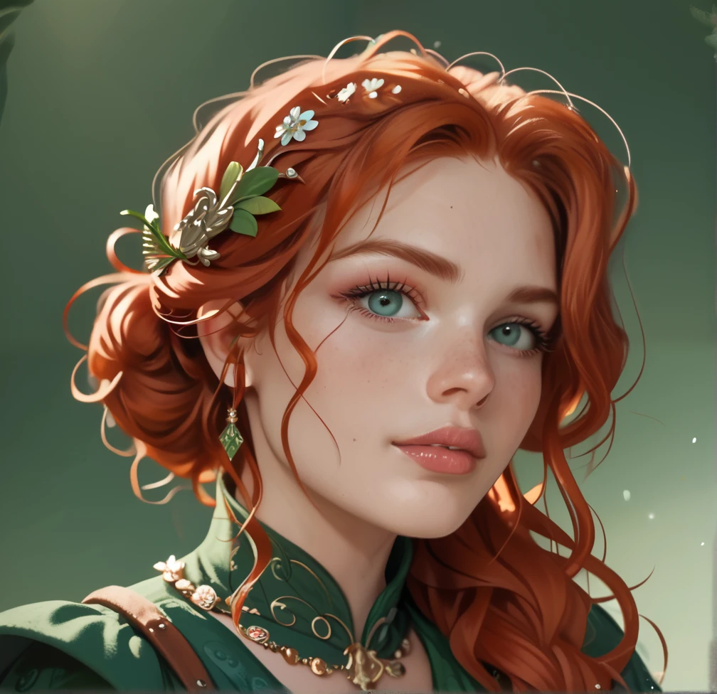 Beautiful woman with, green eyes, and auburn red  hair, in a green medieval dress, Solo, High Resolution, Masterpiece, Anatomically Correct, Accurate, Best Quality, Expert Lighting, Detail, Textured Skin, Simple Background, Portrait, Game of Thrones, Fantasy, Middle Ages
