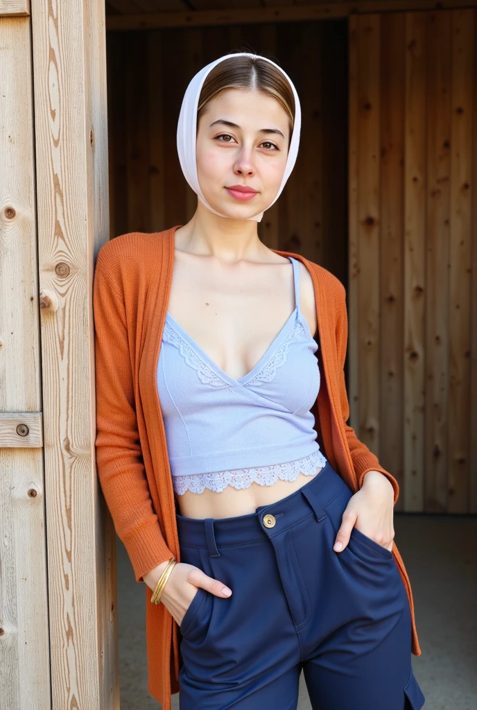 A 24 year old Ukrainian woman wearing Powder blue lace top, burnt orange cardigan, navy cargo pants, and a gold bangle set., with Straight hair hair, in Rustic Barn, *betterfashion*, professional photo, leaning against wall, 