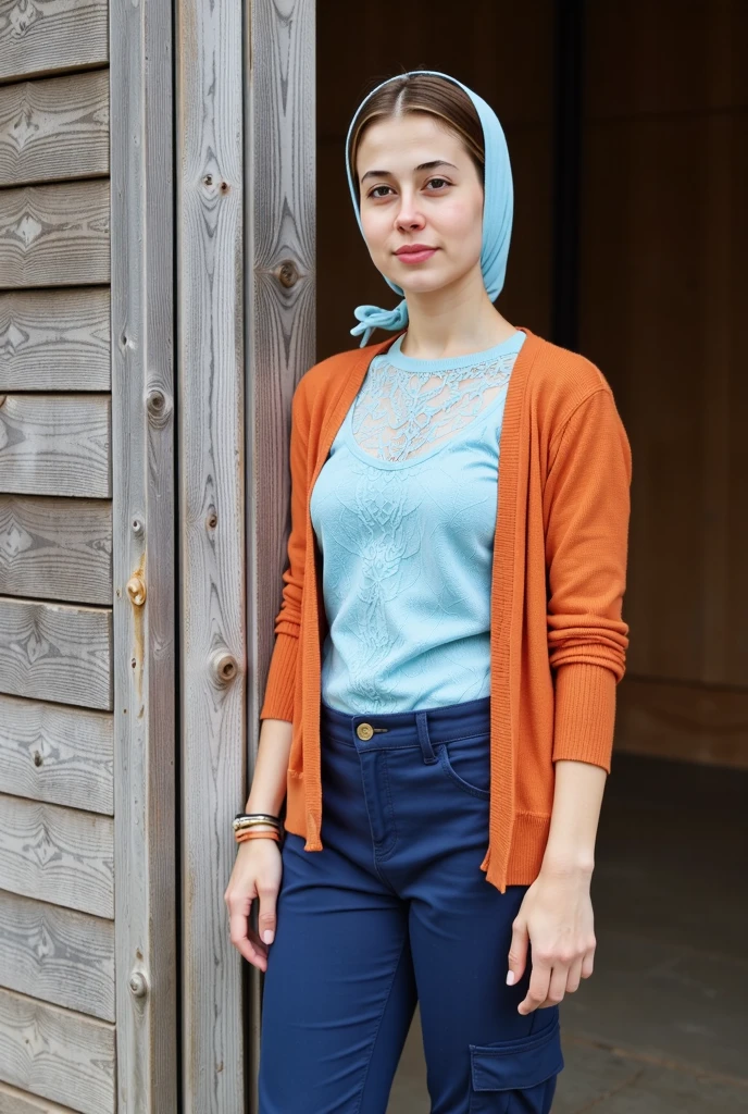 A 24 year old Ukrainian woman wearing Powder blue lace top, burnt orange cardigan, navy cargo pants, and a gold bangle set., with Straight hair hair, in Rustic Barn, *betterfashion*, professional photo, leaning against wall, 