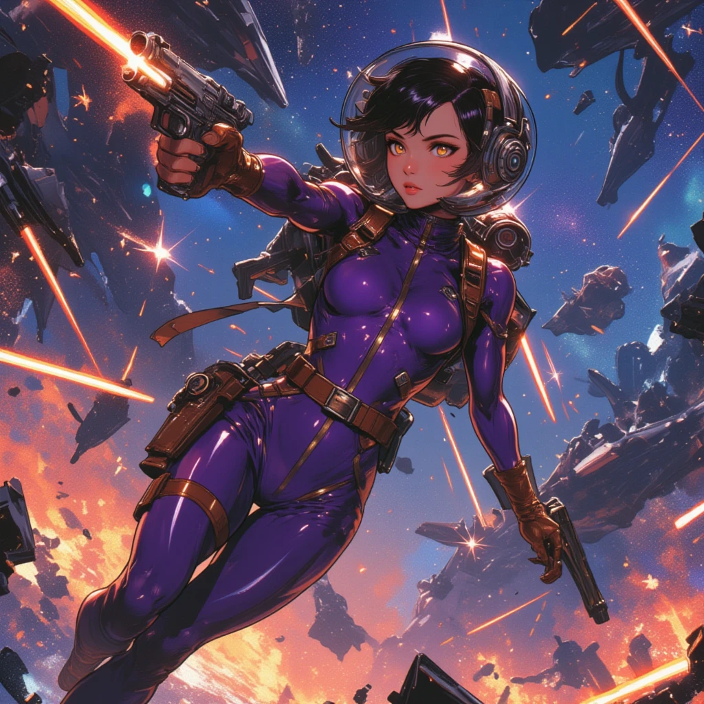 standing, (holding a railgun:1.2), skin tight bodysuit, spacesuit, sleek mechanical design, electronic belt, japanese, (young, cute:1.8), straight messy medium hair, (mole:0.8), large breasts, black eyes, (tareme, v-shaped eyes), short eyebrows, wide eyes, bangs, broad nose, puffy cheeks, detailed face, looking at viewer, headset, planet with ring belt, cosmos, nebulae, dark gothic aesthetic, dramatic gradation lighting, imposing stance, swirling light, (glowing white:1.2), extremely detailed,