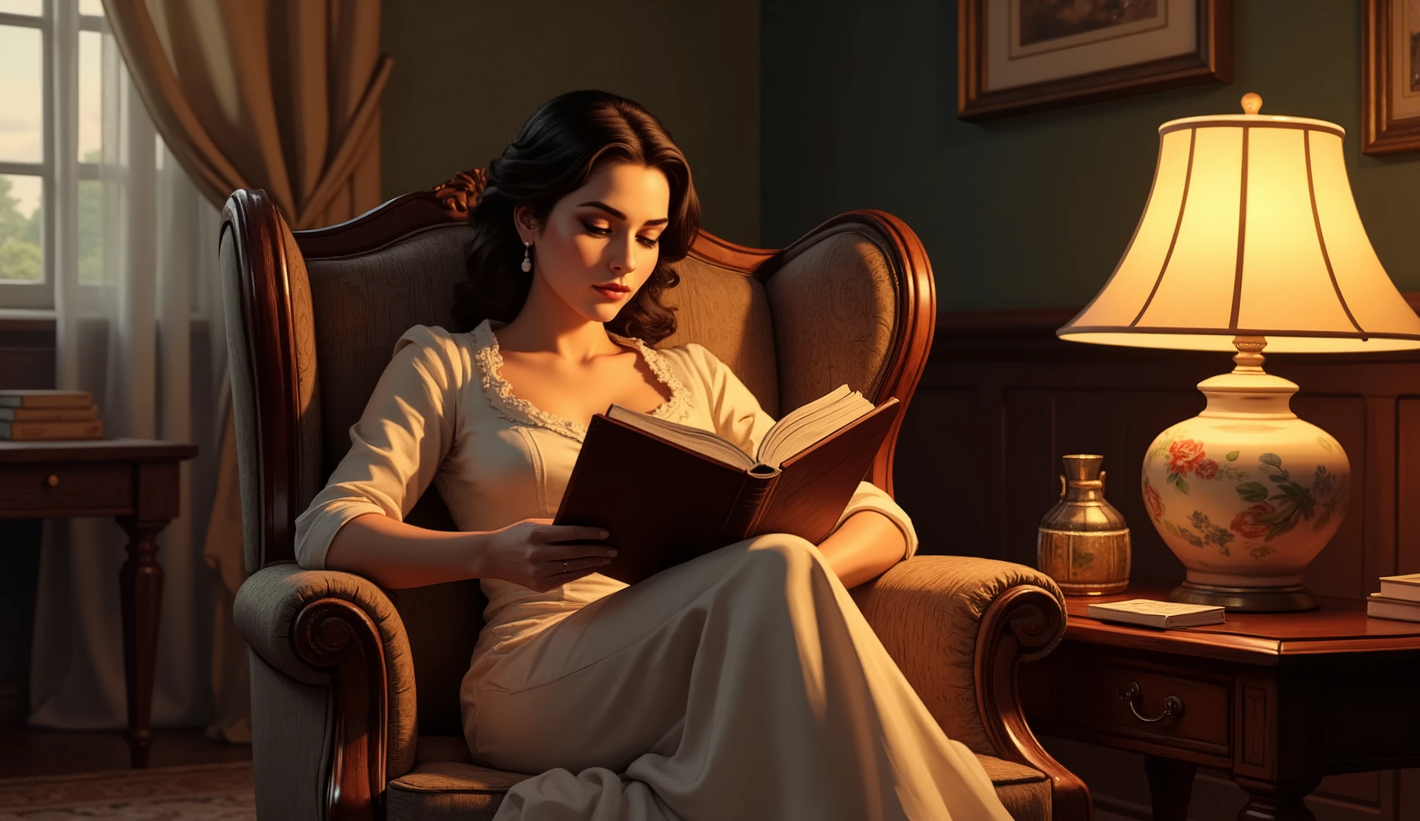 A lady sitting in her armchair in a well-decorated room with a small table and a lamp beside her. She is reading a book that rests on her lap.