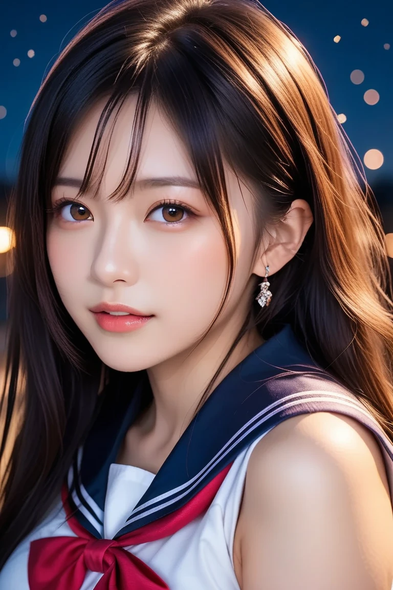 Tabletop、masterpiece、One Girl、(Face close-up、Cowboy Shot)、Front view from the front、Japanese、Very young and pretty woman、(The cutest girl in the world)、15-year-old student、Makes your face smaller、Big ample breasts、Attractive person、Super cute face、Glossy Lips、Double eyelids on both eyes、 Natural Makeup、Long eyelashes、Black Hair、Asymmetrical Bangs、Center image、8k resolution、Advanced Details、Detailed hairstyle、Detailed face、Great cinema lighting、Vibrant、Ultra-realistic、Perfect limbs、Perfect Anatomy、Against the background of fireworks、Wearing a yukata、View from the waist up、