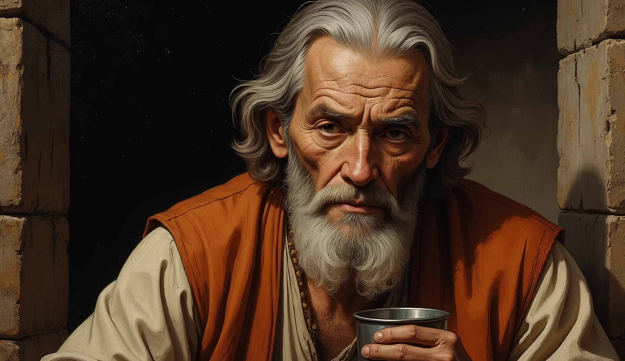 A painting, designed in a biblical style. The image features fine details typical of Renaissance paintings, reminiscent of classical religious works of art. A painting, designed in a biblical style. The image features fine details typical of Renaissance paintings, reminiscent of classical religious works of art. An elderly man with thinning grey hair, extreme close-up portrait of an elderly man, with grey hair and beard, holding a tin cup and looking apprehensively at the camera, against a dark and dirty stone backdrop. Clothing and setting from the time of Jesus Christ.
