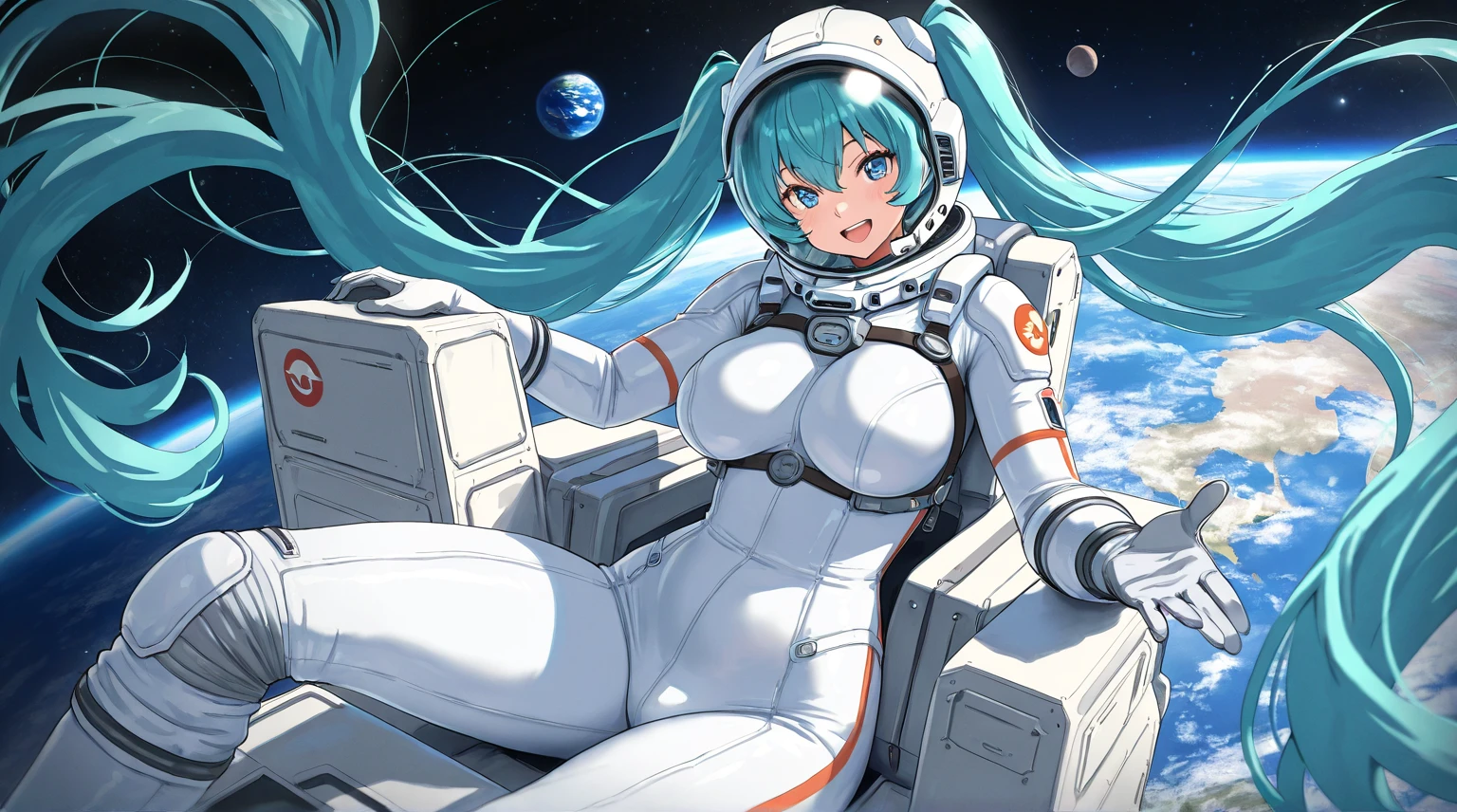 (Masterpiece) (High Detail) (High Res) A short humanoid girl with pale human skin and blue eyes and long blue hair and blue dog ears and a fluffy dog tail and average breasts is wearing a NASA Spacesuit.