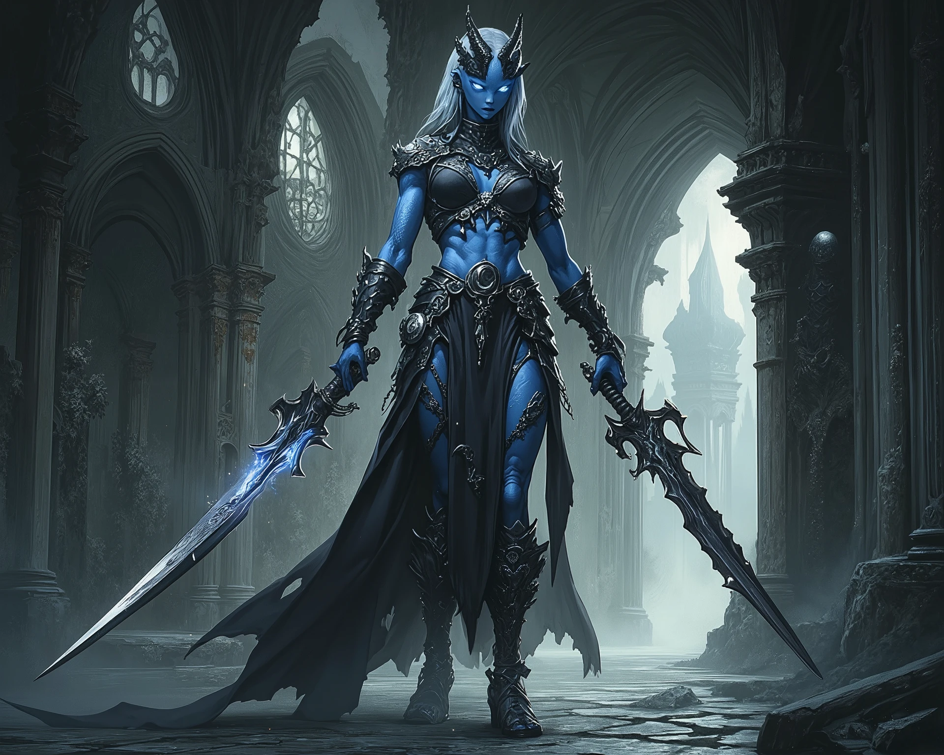 " woman with blue and silver skin, reptilian hybrid, without tail. Smooth, scaled skin. Black battle outfit with revealing crop top, decorated with glowing moon runes. High-heeled sandals. Long hair with silver ornaments. dual-wields two curved swords, one dark and the other silver. In a grand castle hall with stone columns and moonlight filtering through arched windows. Cinematic lighting, full-body."