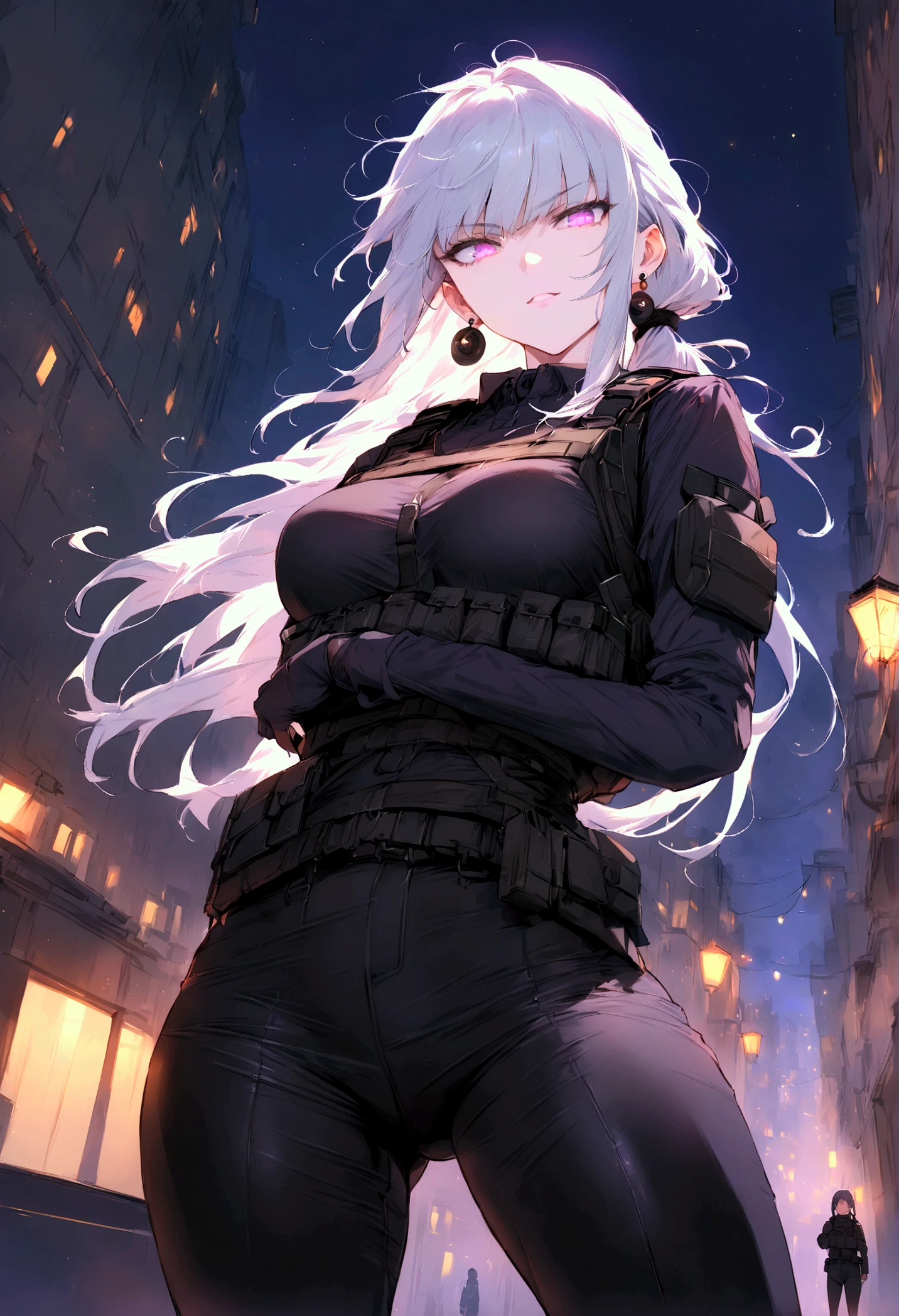  RPK-16,Shooting guns, hair is white, In the spotlight, The background is a dark and desolate landscape, Horror movie atmosphere. Her figure is very beautiful, Emphasizing the dark and crazy elements. Skillfully expressing the effects of light and shadow, detailed, The face and expression of the black costume are also carefully drawn.....,(Tilt your head:1.2), ([sketch|watercolor \(Moderate\)]:1.15),Chaotic abstract background, Vector Trace, Gradient blending and whole body, Artistic elements add depth to the work. The overall atmosphere is creepy and nightmarish....., With a unique artistic touch. This movie is、The dark and crazy world of horror movies depicted in HD., Evoke visual stimuli and aesthetic sense,((masterpiece_Portraiture)),(beautiful girl),(Pixiv),(Fantasy),