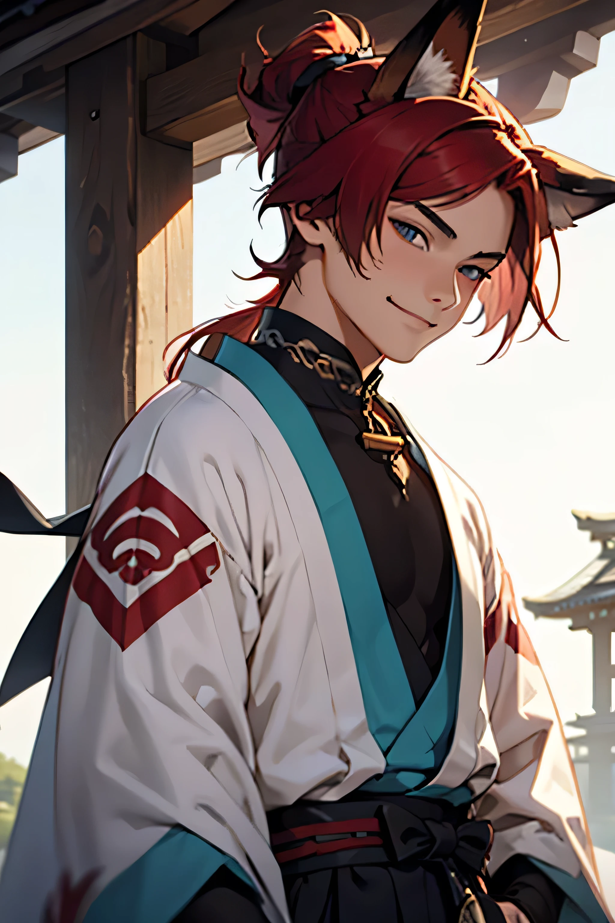 Boy, Red hair in a ponytail, Fox ears, priest clothes , kimono, Japan, fan in hand, eyes are narrowed , sly smile, High resolution , Main detail,