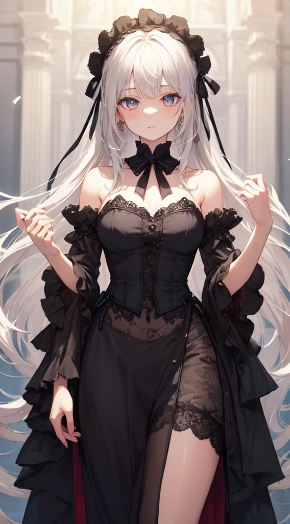 formidable_default, dress_default, twin tails, very long hair, cowboy shot, from side, from behind, looking at looking at viewer, smile, grey background
