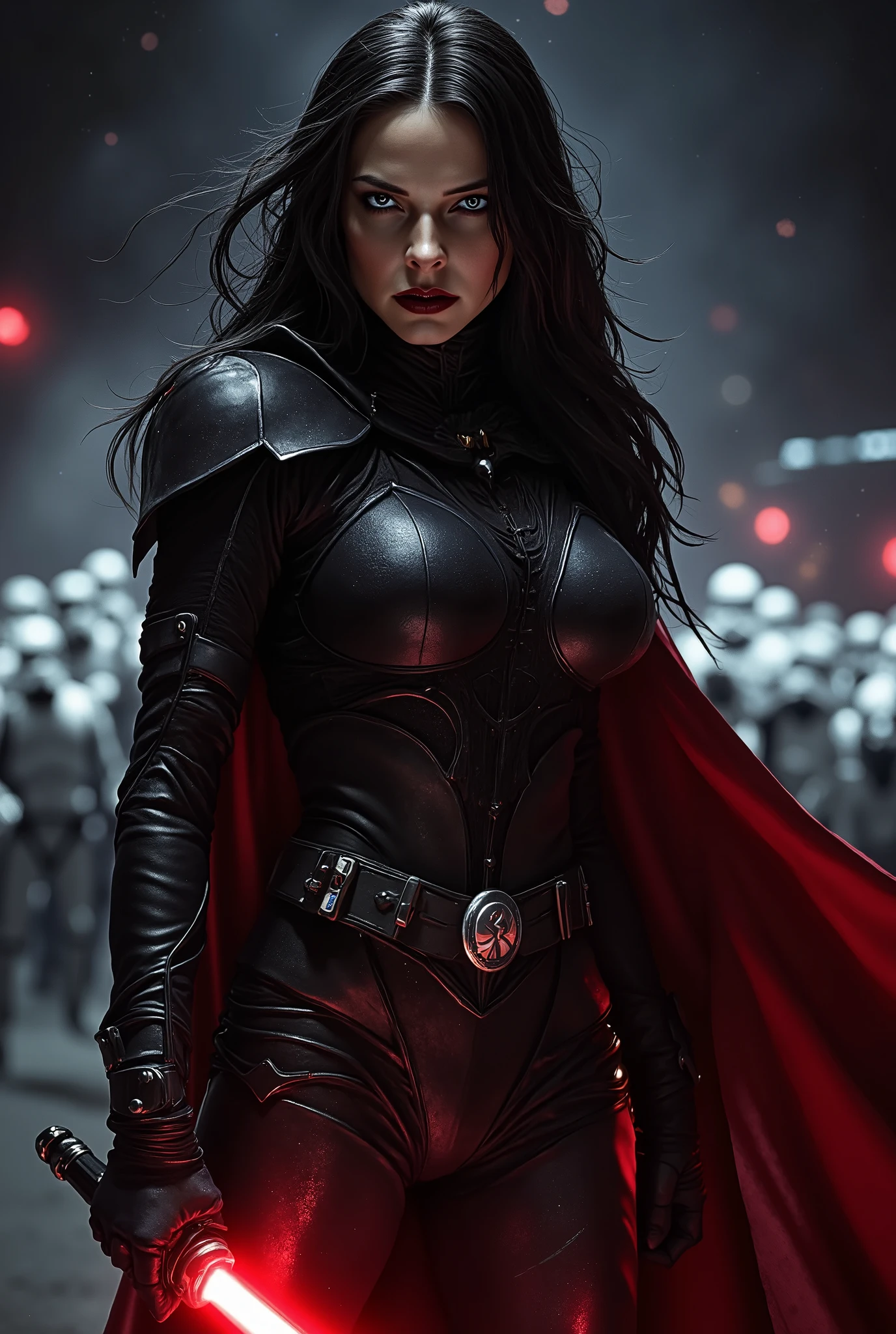 Woman as a Mara Jade Skywalker with perfect eyes with long black hair, dressed in tight leather turtleneck combat outfit with pauldrons, using a red lightsaber, a hooded red cape, strong seductive makeup, bedroom eyes, evil smirk, arrogant smirk, cinematic lighting, photorealism, Detailed hand, background: on a sci-fi battelfield with a legion of stormtroopers standing shoulder to shoulder far behind her, blurry background, night time with stars, dark blurry background with red glow, 