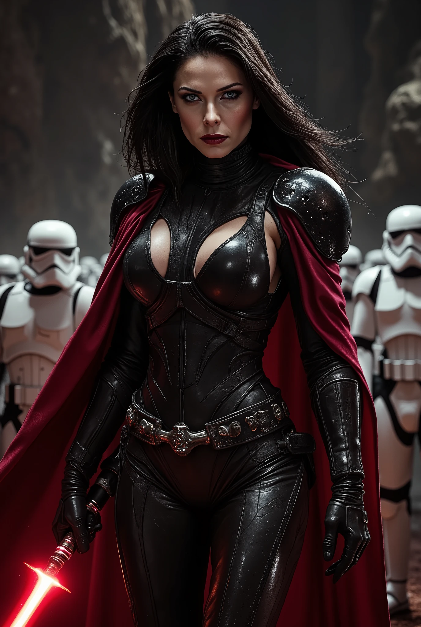 Woman as a Mara Jade Skywalker with perfect eyes with long black hair, dressed in tight leather turtleneck combat outfit with pauldrons, using a red lightsaber, a hooded red cape, strong seductive makeup, bedroom eyes, evil smirk, arrogant smirk, cinematic lighting, photorealism, Detailed hand, background: on a sci-fi battelfield with a legion of stormtroopers standing shoulder to shoulder far behind her, blurry background, night time with stars, dark blurry background with red glow,