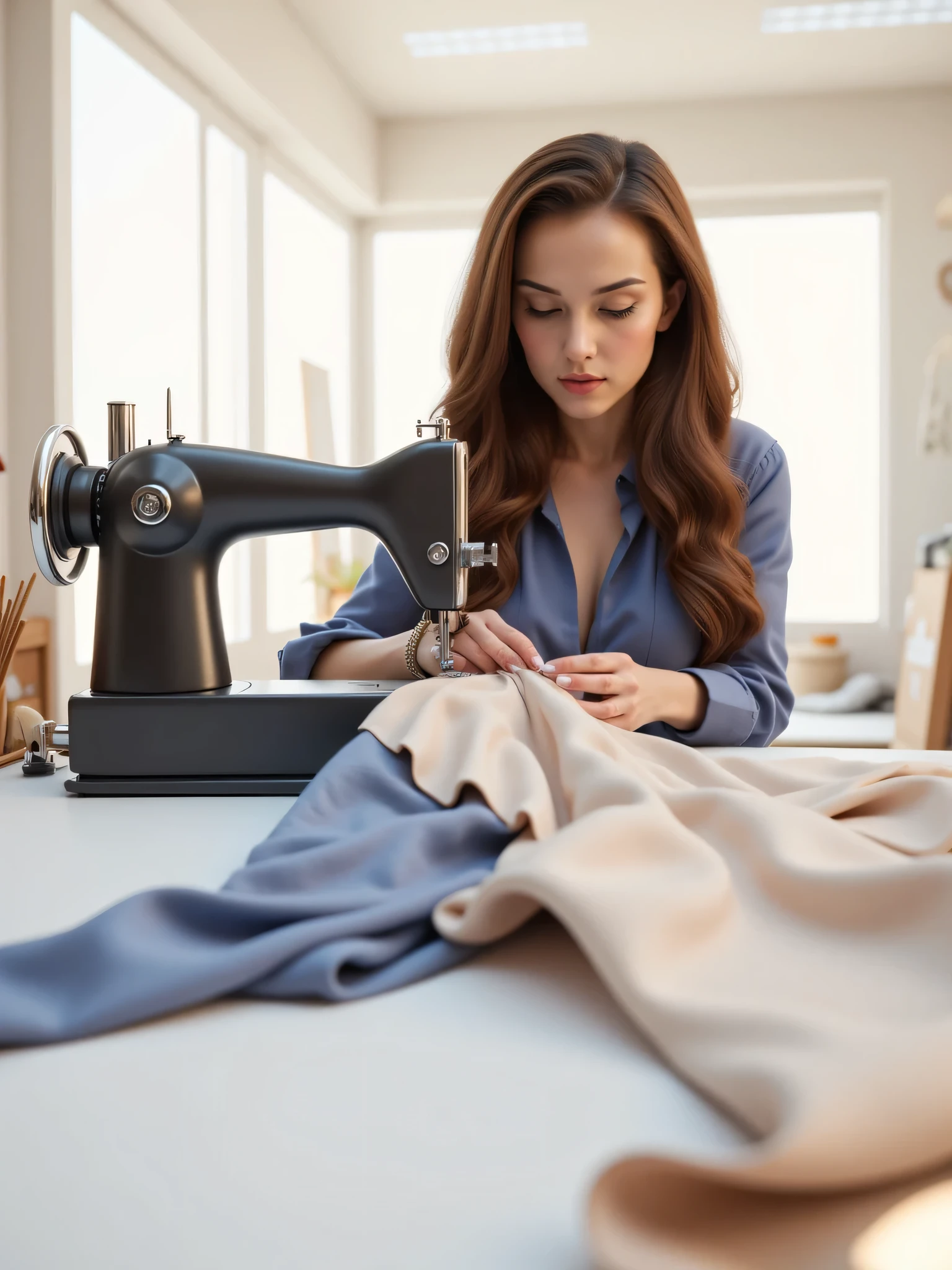 woman sewing on a sewing machine in a room, épaule devant pose, wearing a designer top, fashion designer, crafting, long flowing fabric, evening time, small manufacture, working hard, print ready, craftsmanship, close establishing shot, 1614572159, flowing realistic fabric, 2717433015, A symmetrically balanced ultra-wide angle image of a modern interior landscape. In the foreground, a single smiling, lively female tailor with shiny hair is operating a sewing machine. The scene is set with a cinematic soft lighting concept, providing a uhd ambience. The background features wide central leading lines, enhancing the depth of the field. The image has a realistic upscale 3D CG shader, with lifelike hands and accurately detailed human fingers. The overall style is a blend of fashion advertising and Unreal Engine art, with influences from Artstation, Deviantart, and SilkpunkAi artwork.