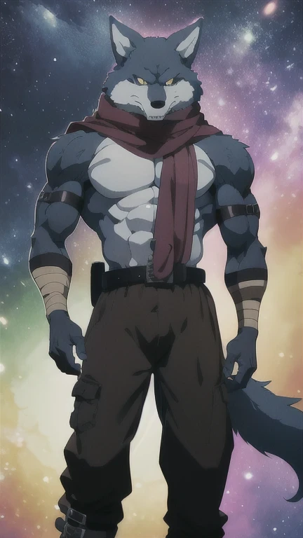 Bergamo _., posing for the camera , Presume. 4k, High resolution, the best quality , published in e621 , Alone, anthropogenic body , man , , man , ( Correct muscles , detailed muscles , very muscular, broad chest, pectorals, biceped:1.1), correct anatomy , correct proportions , Anatomy of the Taran ,, (Space clouds, pink galaxy, stars:1.0), (by WFA, por taran fiddler:1.0), (by black:0.8), (shaded cell:1.2), cartoon shading, Reliable , strong, (Long wolf tail :1.0), (pantalones, belt:1.1), ( half black :1.2), (Detailed Bergamo _Eyes of .:1.1), pose strong, looking at the camera , scarf, pose strong, bare chest intense colors, yellow eyes , fluffy wolf tail , left profile posture , legs extended , pose sexual
